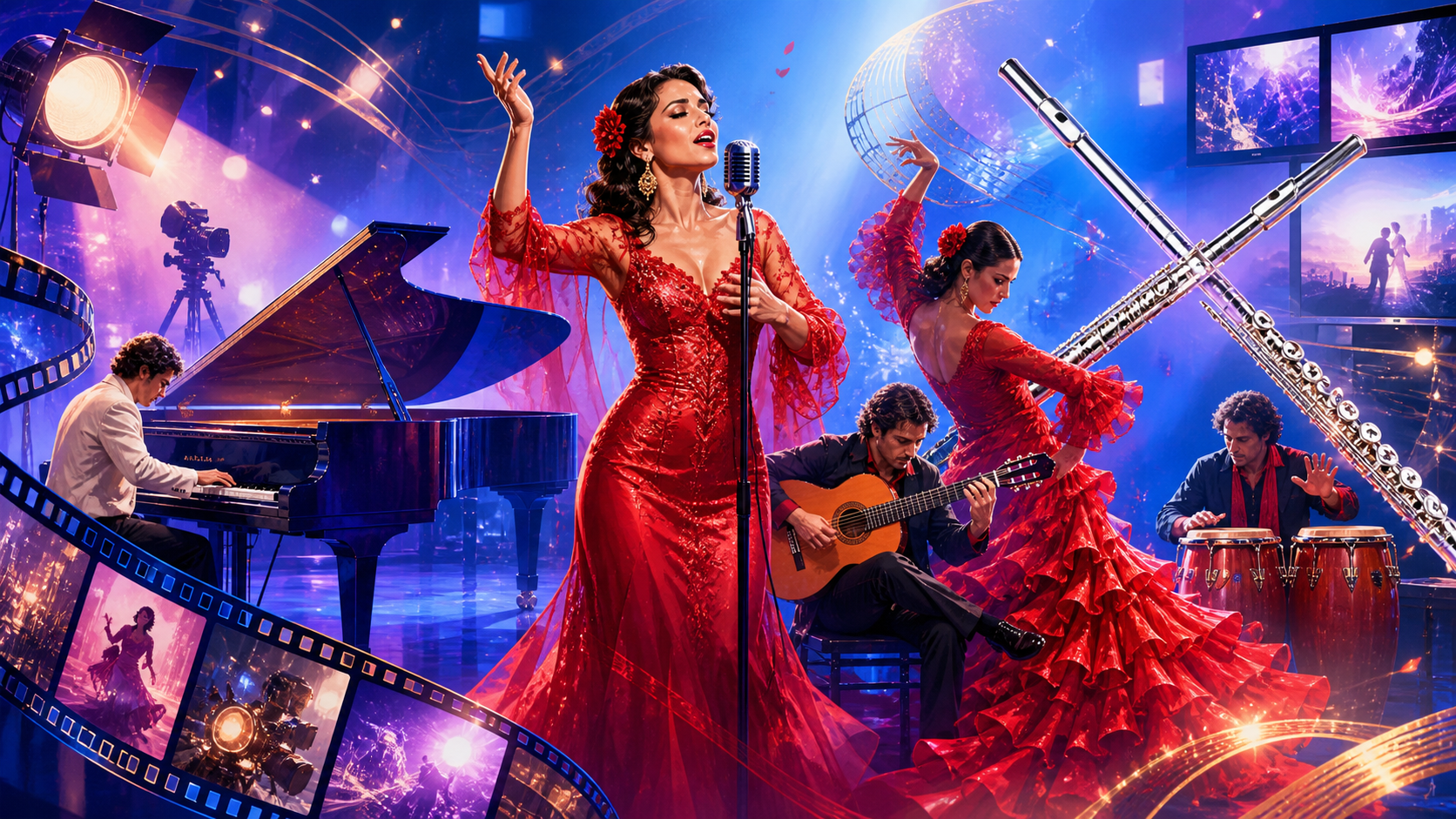 Illustrated collage of a Latin concert, flamenco performance, film scoring, and flutes