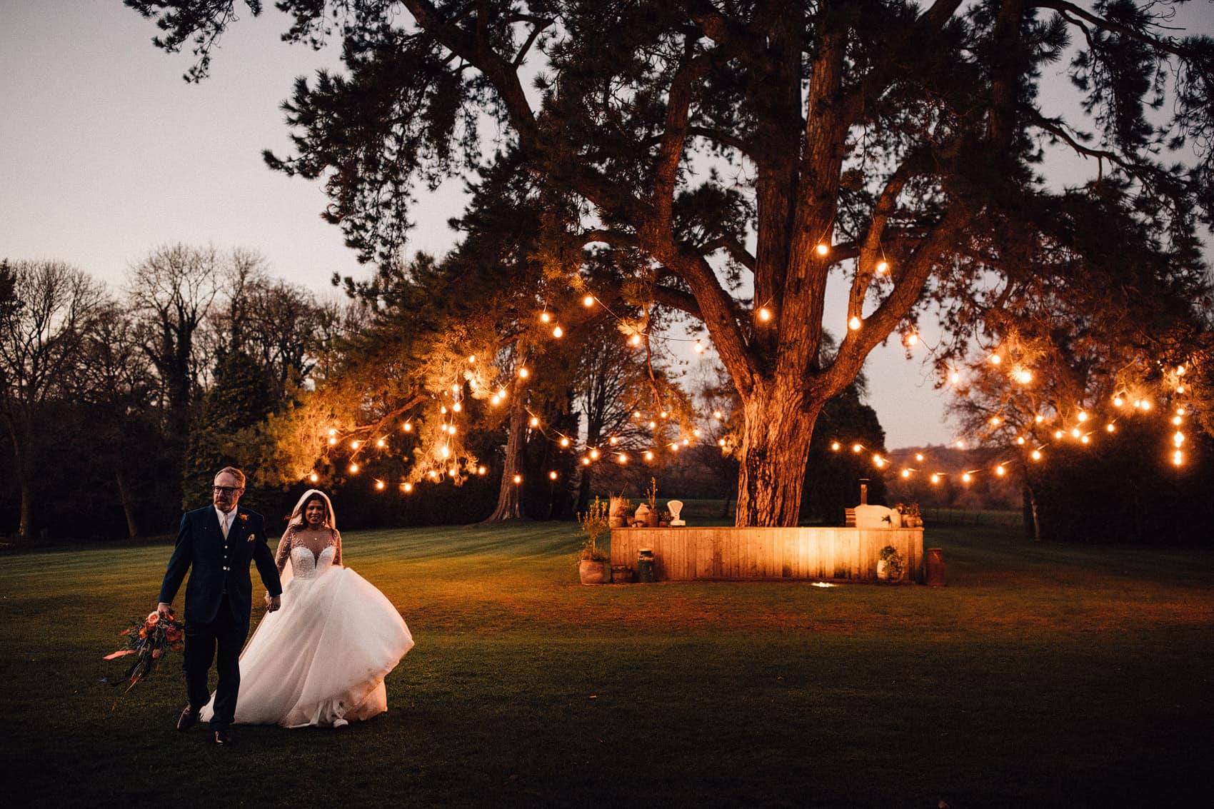 festoon lights at Babington house wedding