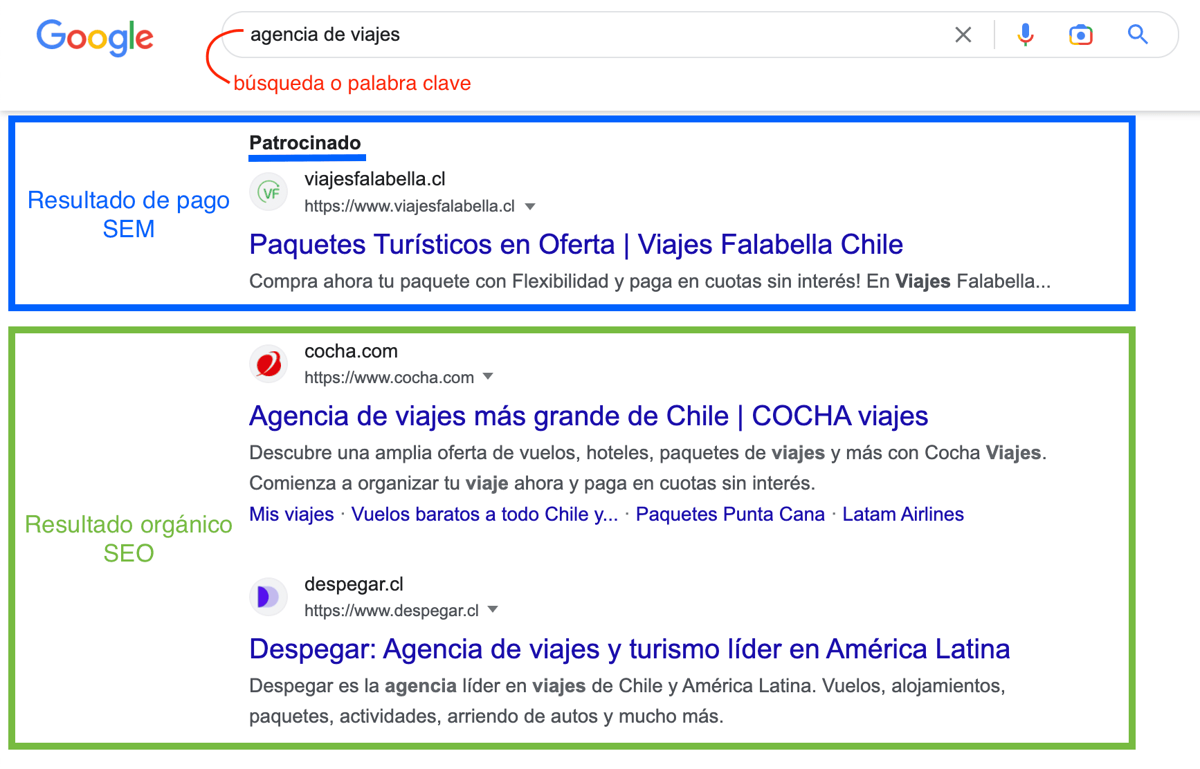 SERPS GOOGLE busqueda o palabra clave sem resultados de pago patrocinado anuncio seo resultado organico posicionamiento web