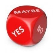 Red dice with yes, no, maybe written on it