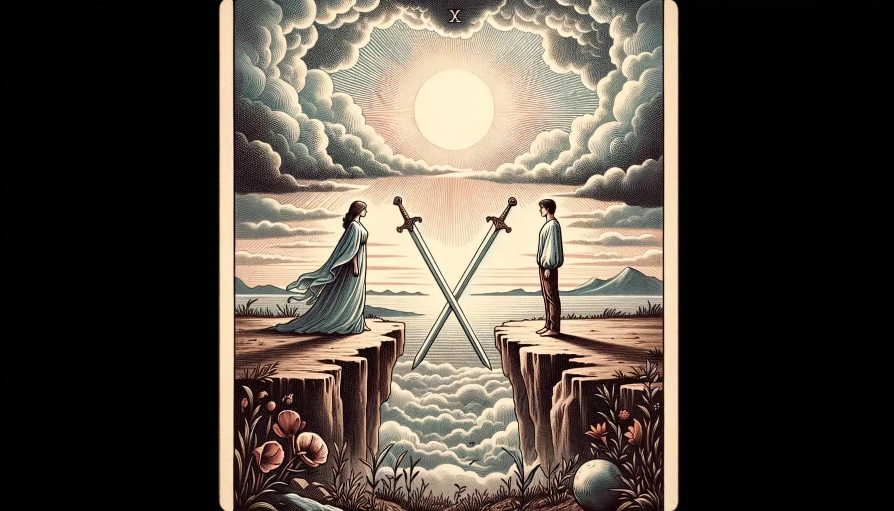 Landscape tarot card showcasing a couple standing distantly on opposite ends, with two crossed swords in the middle, representing emotional barriers and unresolved conflicts. The backdrop is cloudy, symbolizing uncertainty and denial. However, a glimmer of light in the horizon suggests the potential for open communication and breakthrough in the relationship.
