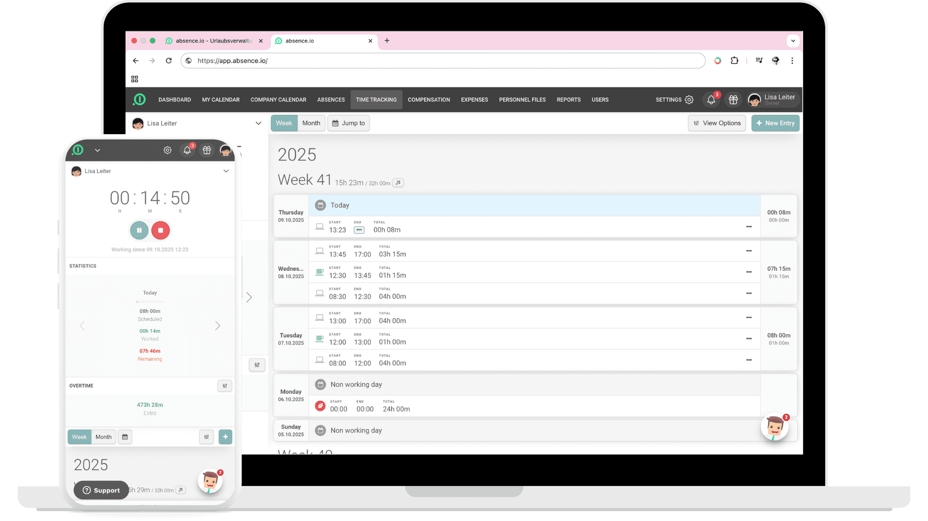 The digital time tracking tool by absence.io as a desktop and mobile app. On the laptop screen, a working hours profile is displayed. On the smartphone, a digital stopwatch shows the running work time.