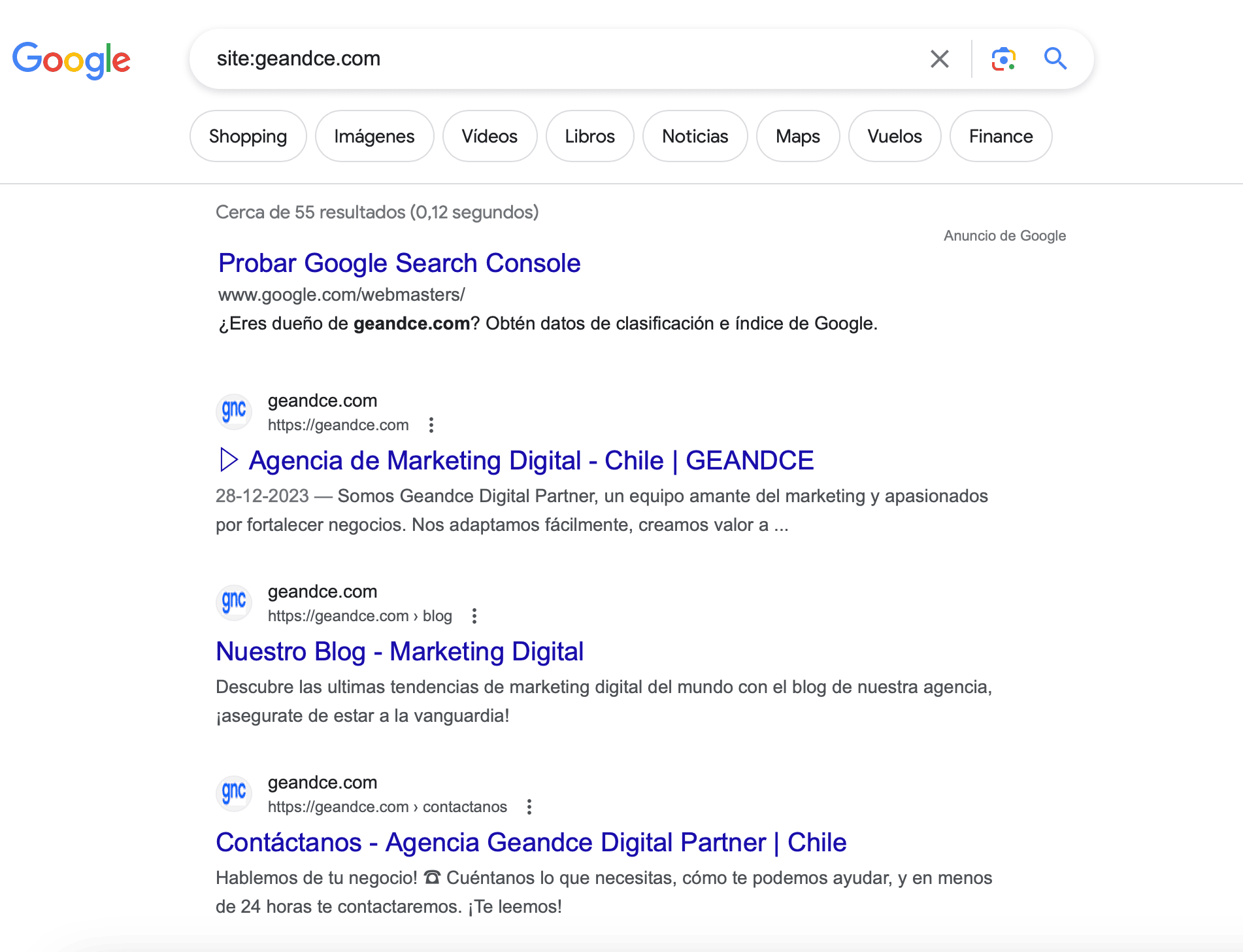 resultados de busqueda google indexacion de paginas site: