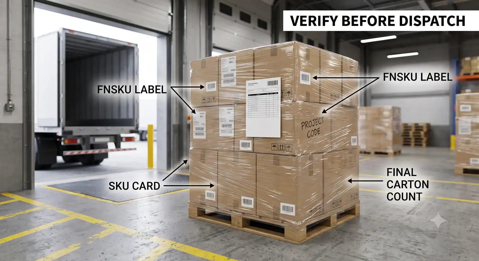 Pallet wrap with FNSKU labels at 3PL dock Pallet wrap with FNSKU labels visible at 3PL dock