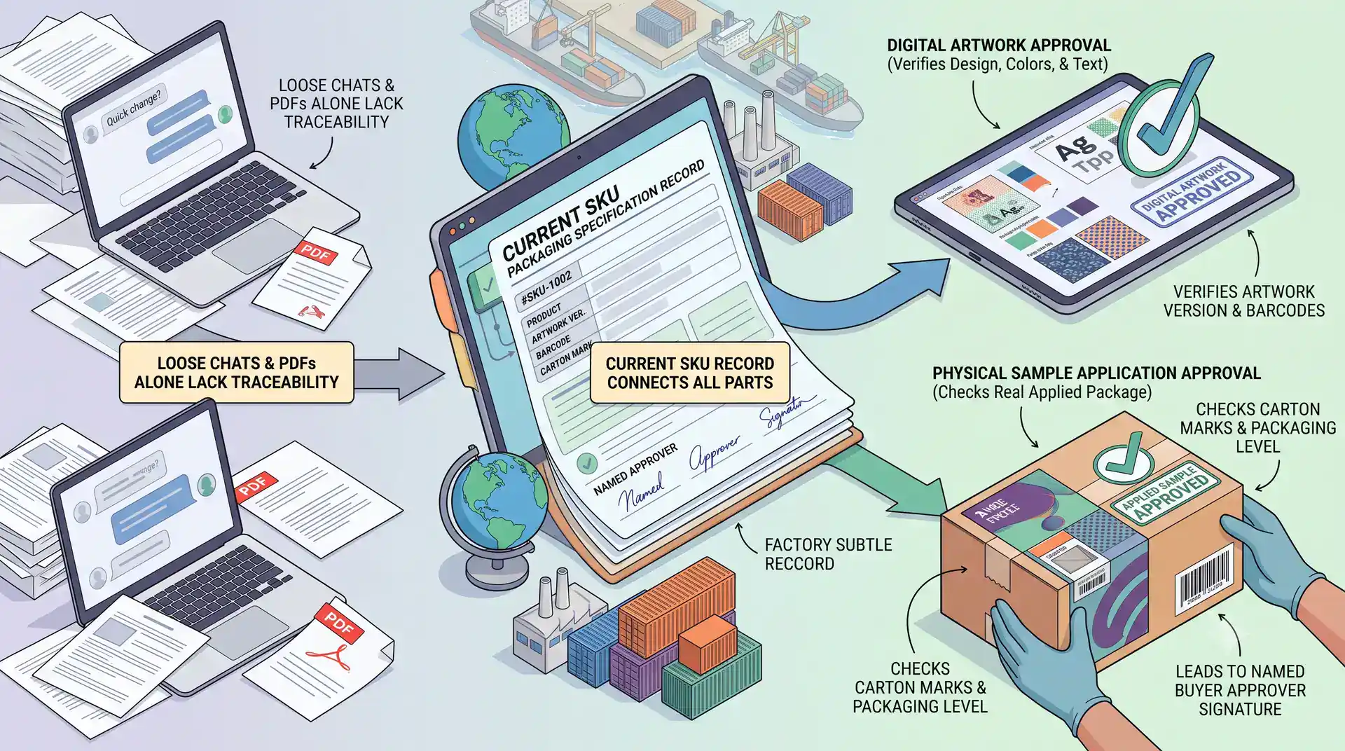 Annotated packaging specification connecting the SKU record digital artwork approval and applied package approval