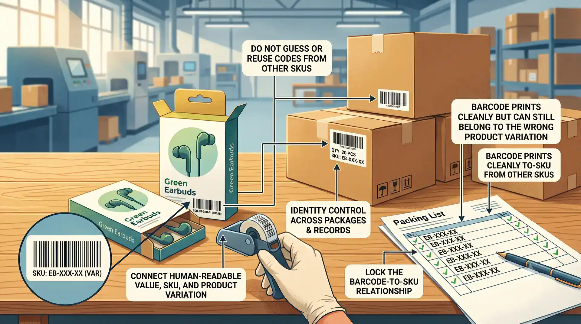 Annotated barcode-to-SKU traceability check linking the code to the correct product variation retail package carton and packing list