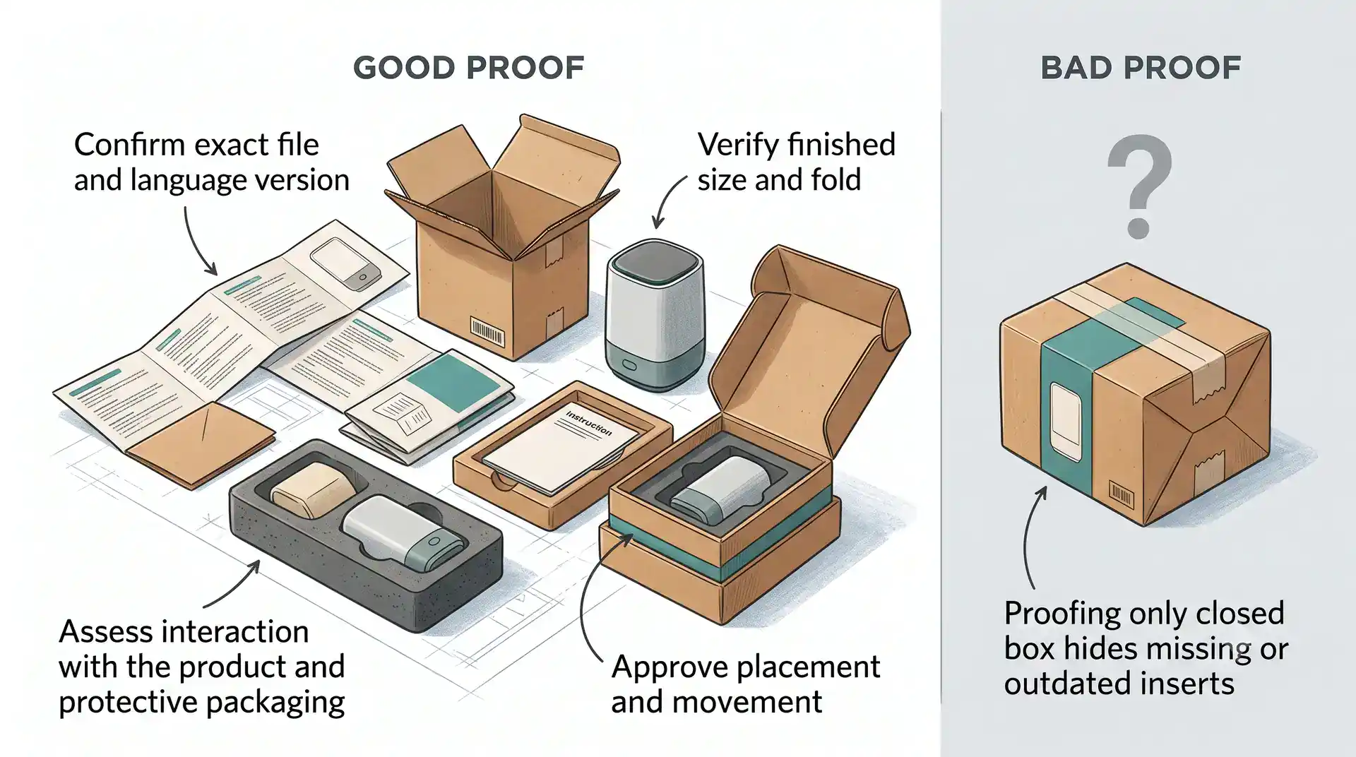 Annotated packaging insert verification showing version fold placement product and protective packaging
