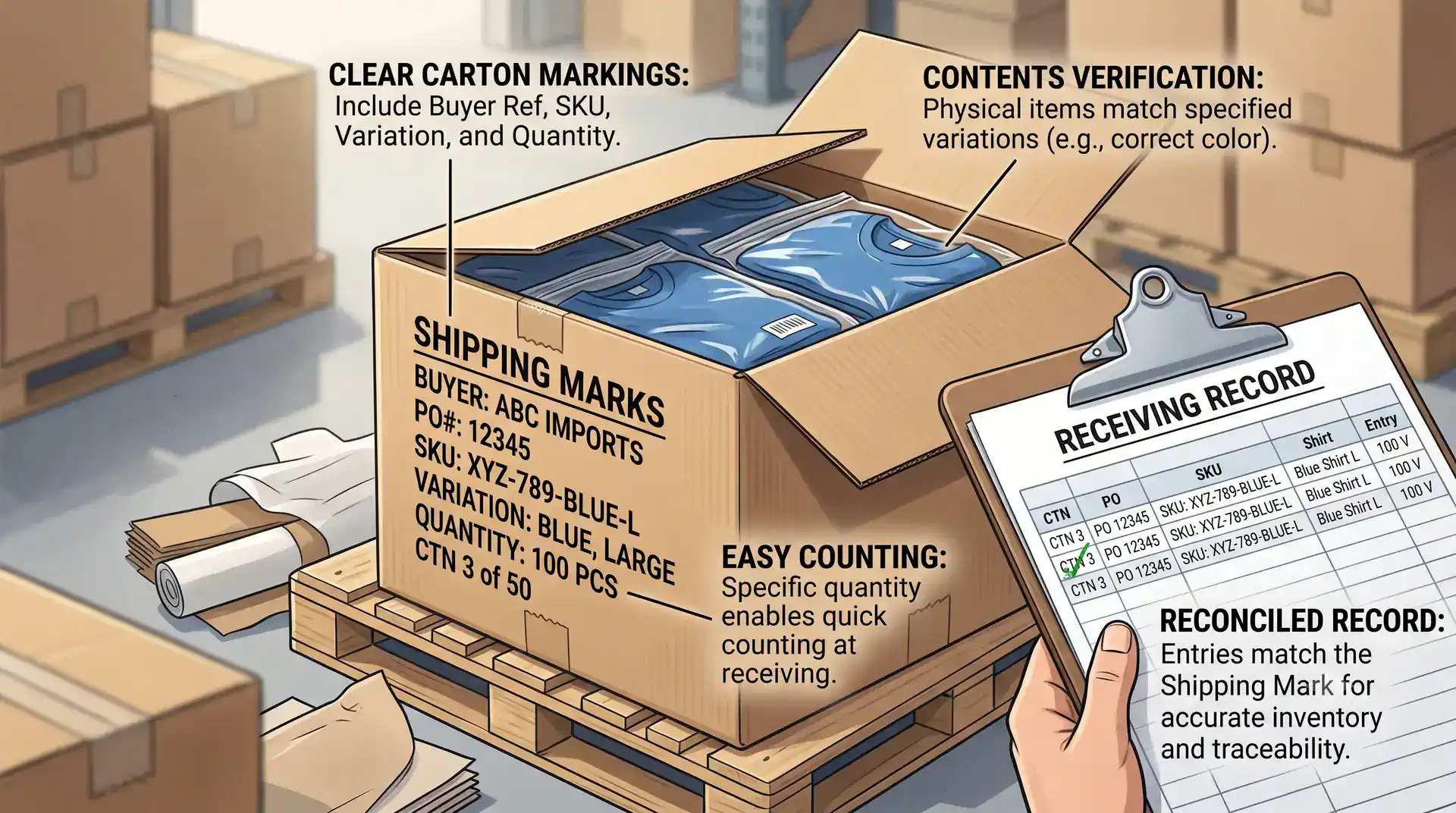 Annotated receiving check reconciling carton marks with actual contents and the packing list