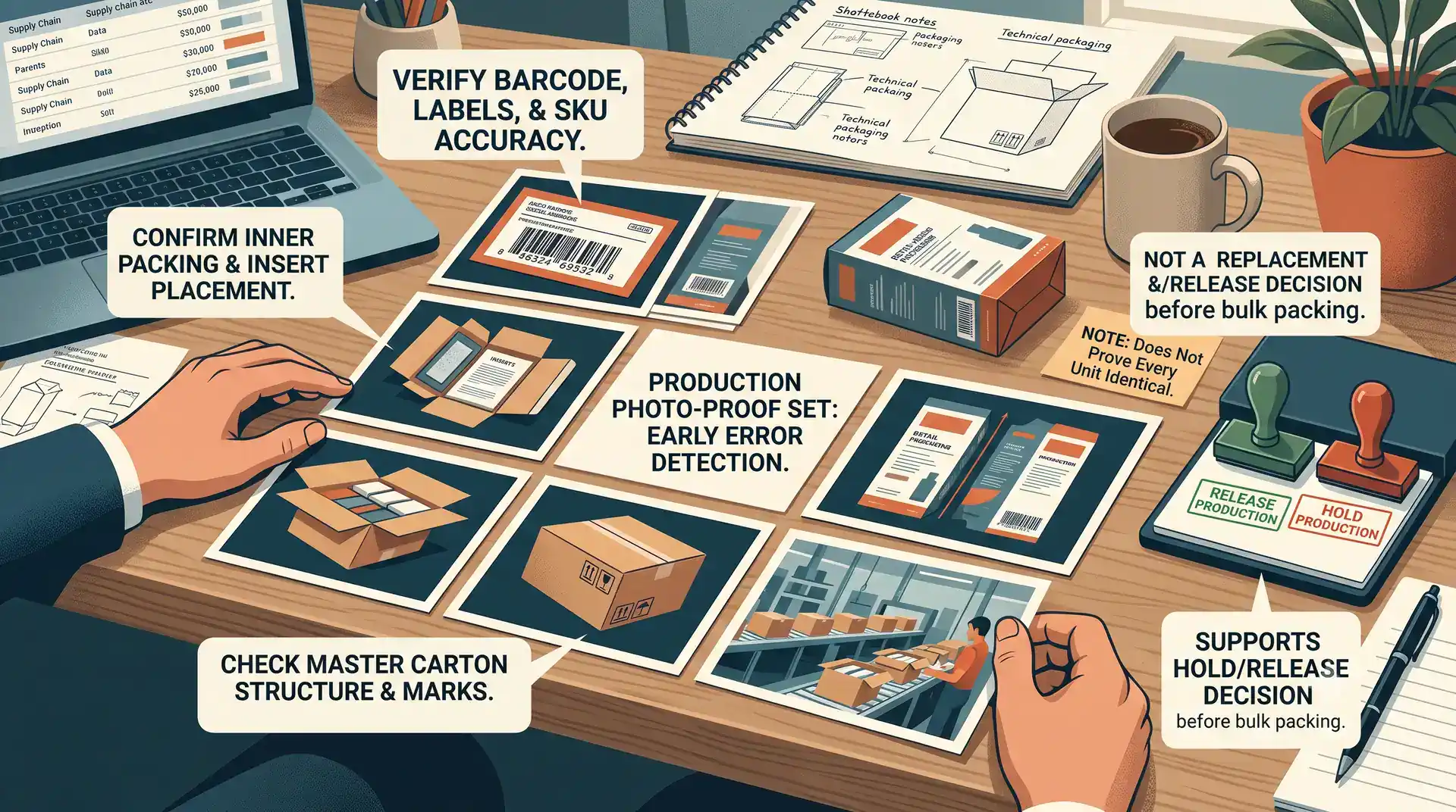 Annotated production photo-proof review supporting a hold-or-release packaging decision before remaining units are packed