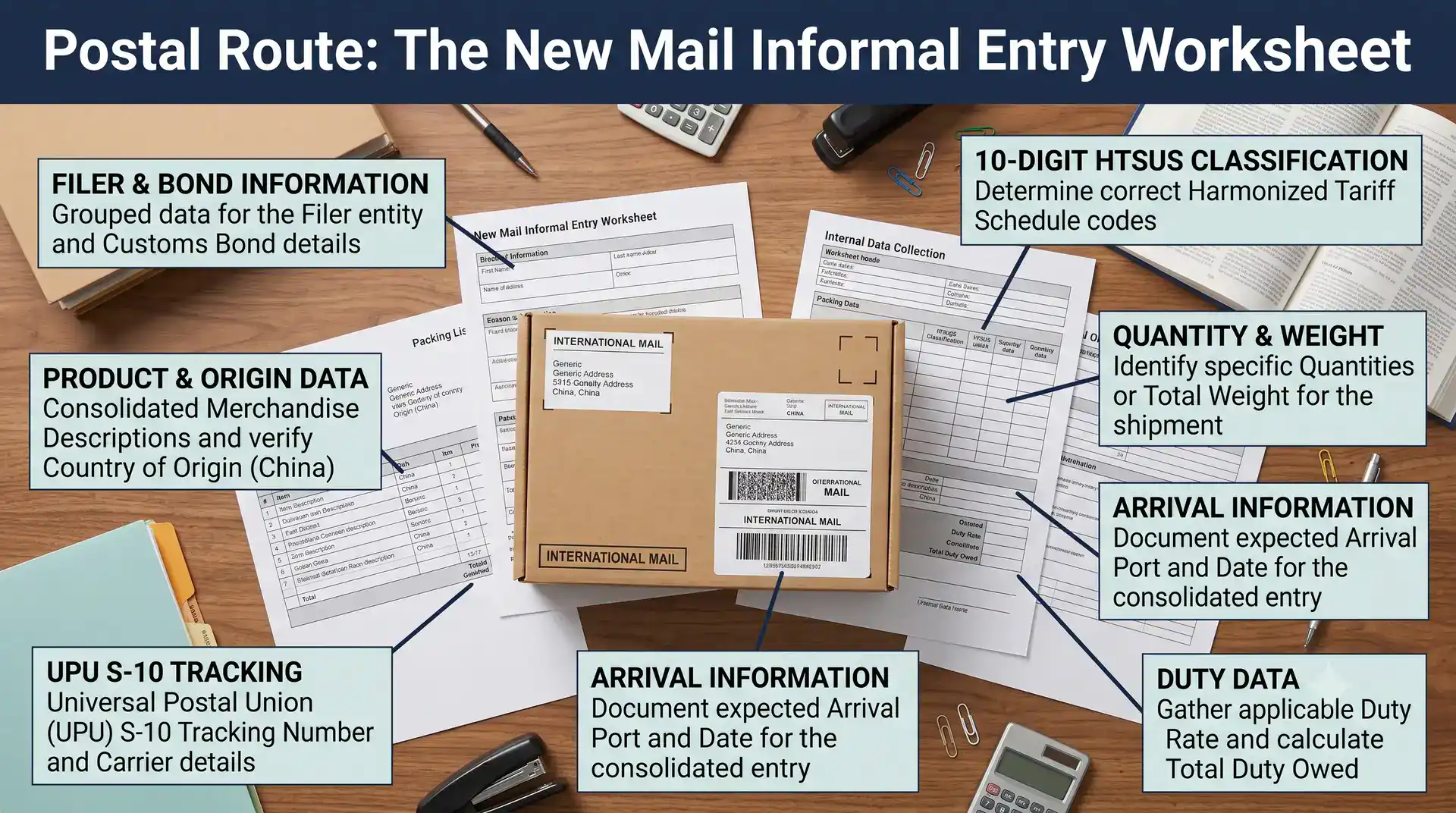 Postal mail informal entry worksheet fields for US low-value imports with UPU S-10 HTSUS and bond data