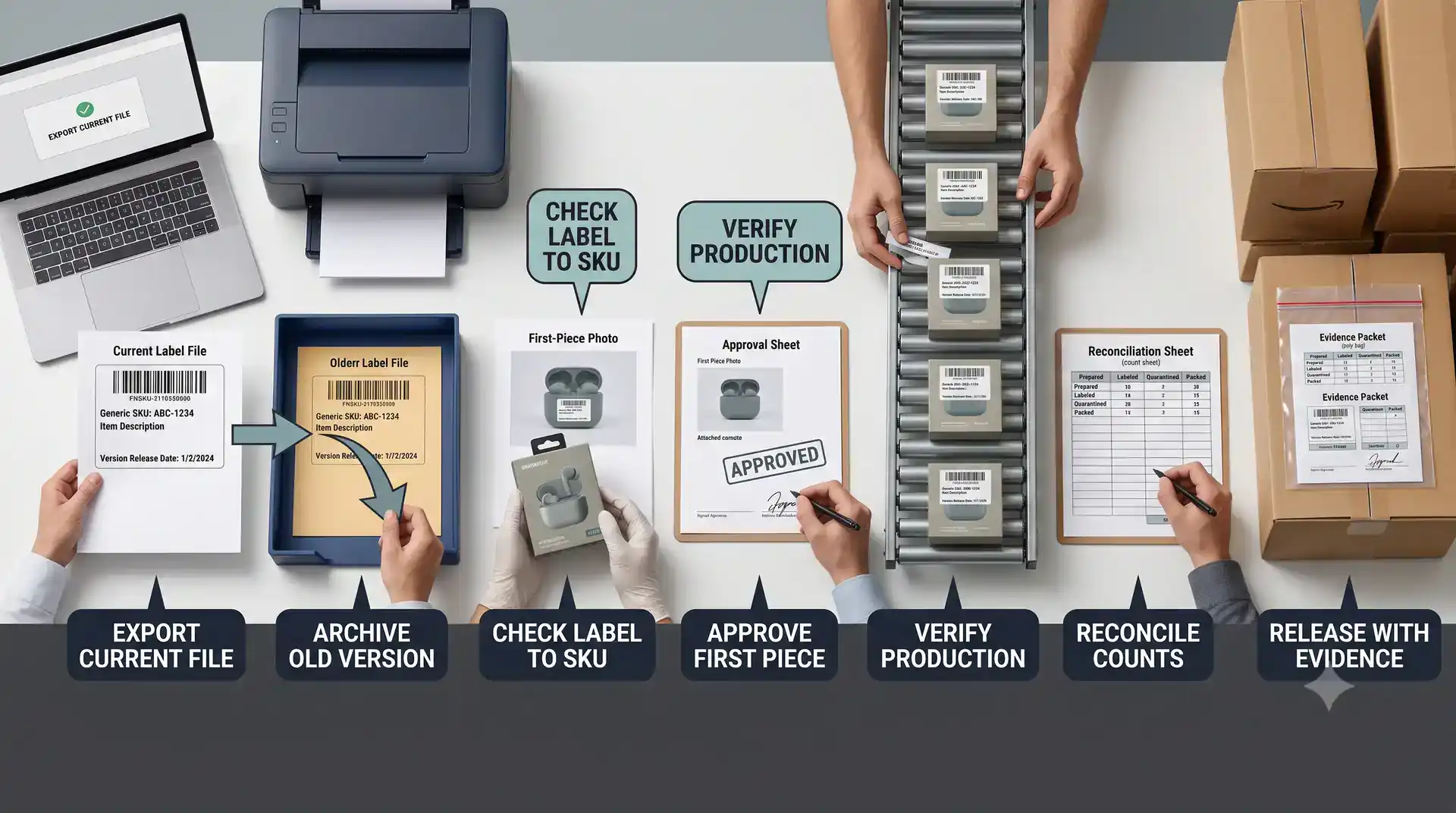 Amazon FBA item label version control with seller file first piece approval SKU match and carton evidence