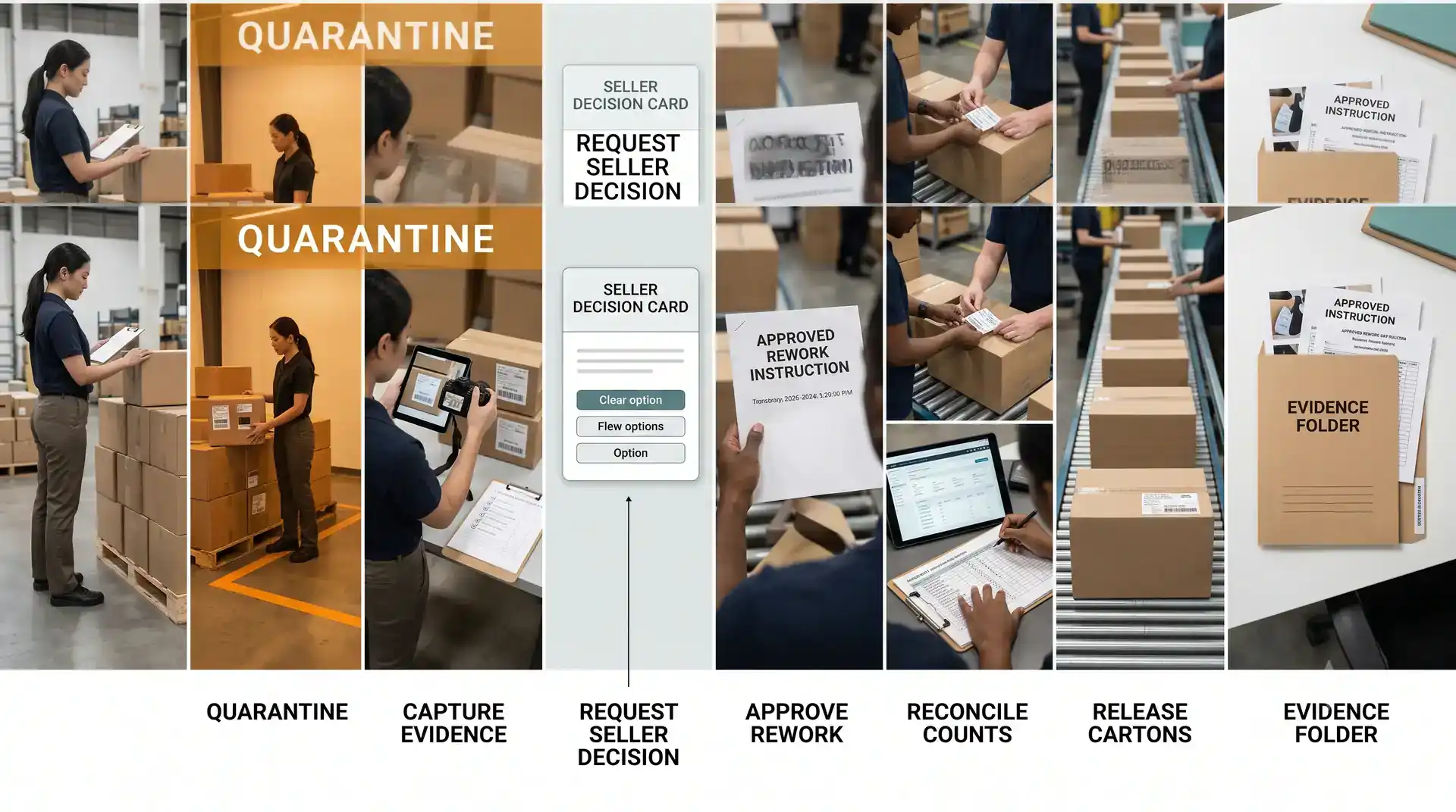 Amazon FBA supplier to 3PL exception workflow with quarantine relabel approval count reconciliation and evidence