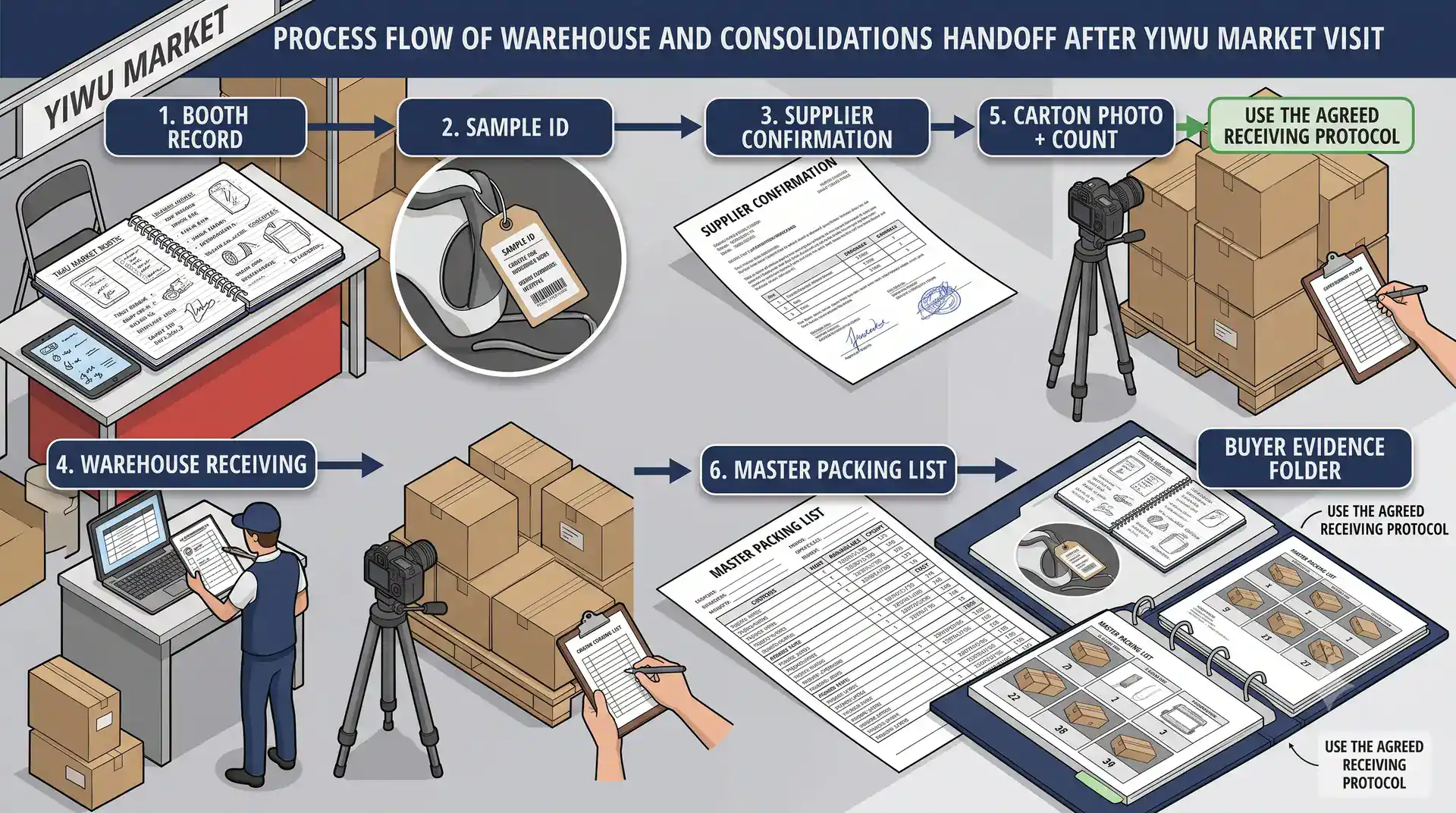Yiwu booth to warehouse consolidation handoff with sample ID carton photos count and packing list