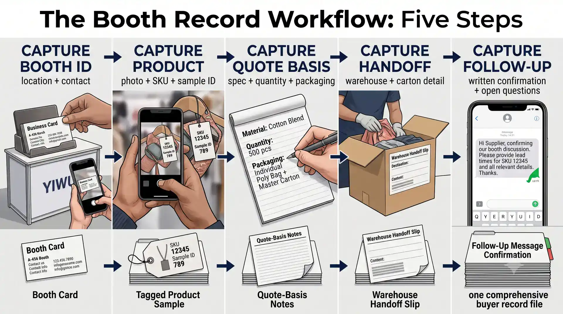 Five-step Yiwu booth record workflow for identity product quote handoff and written follow-up