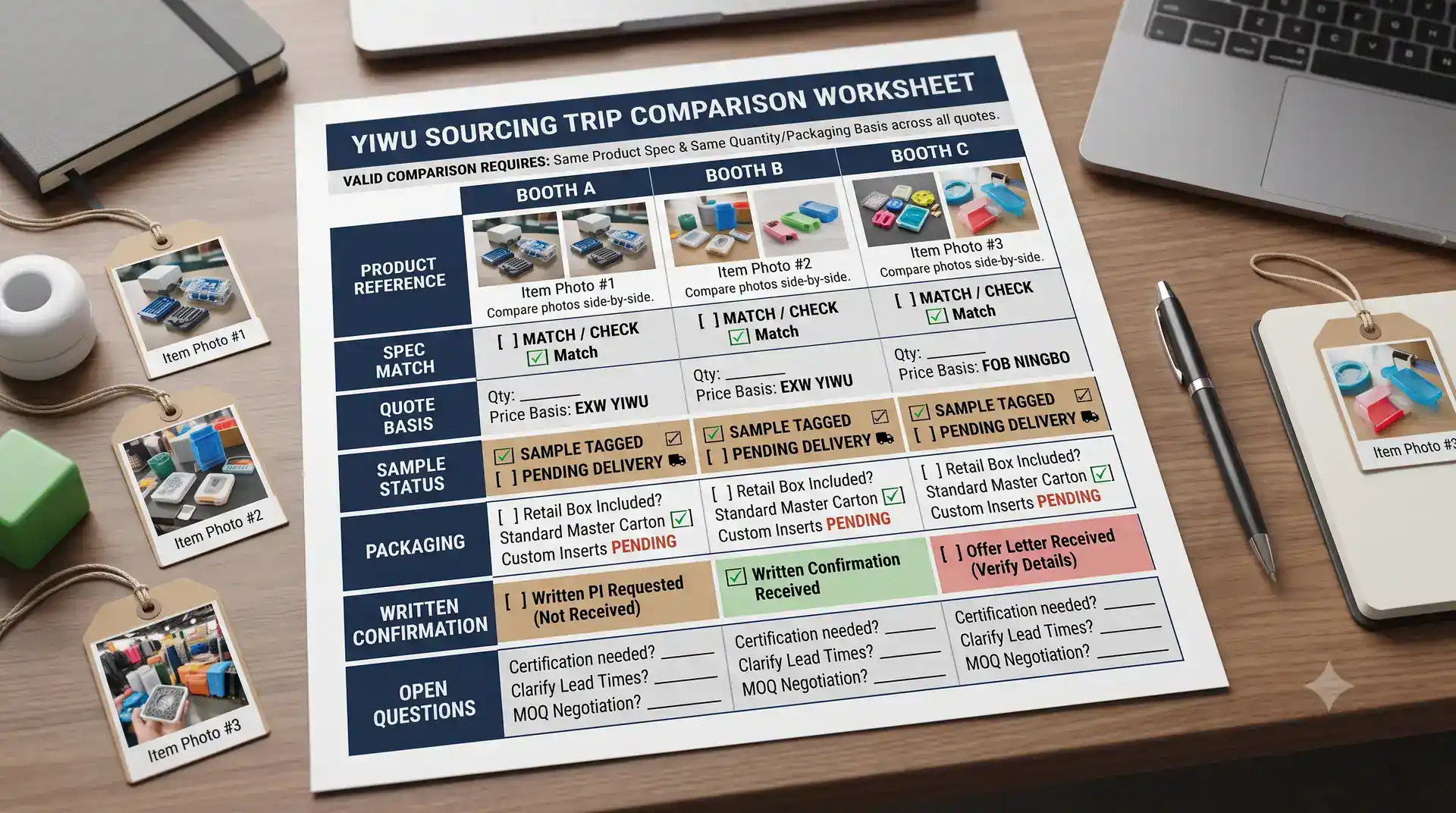 Yiwu supplier quote comparison table using the same product specification sample and packaging fields