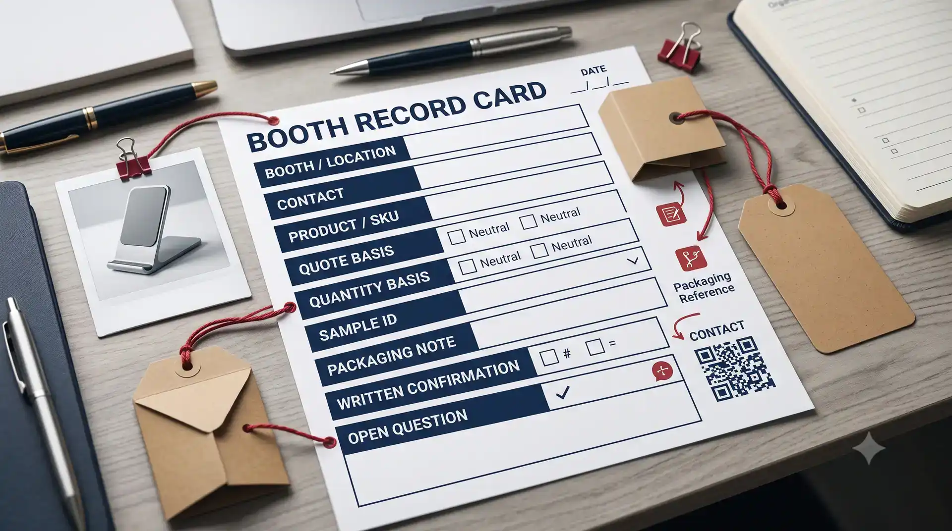 Yiwu booth record card linked to product photo sample tag quote basis packaging and supplier contact