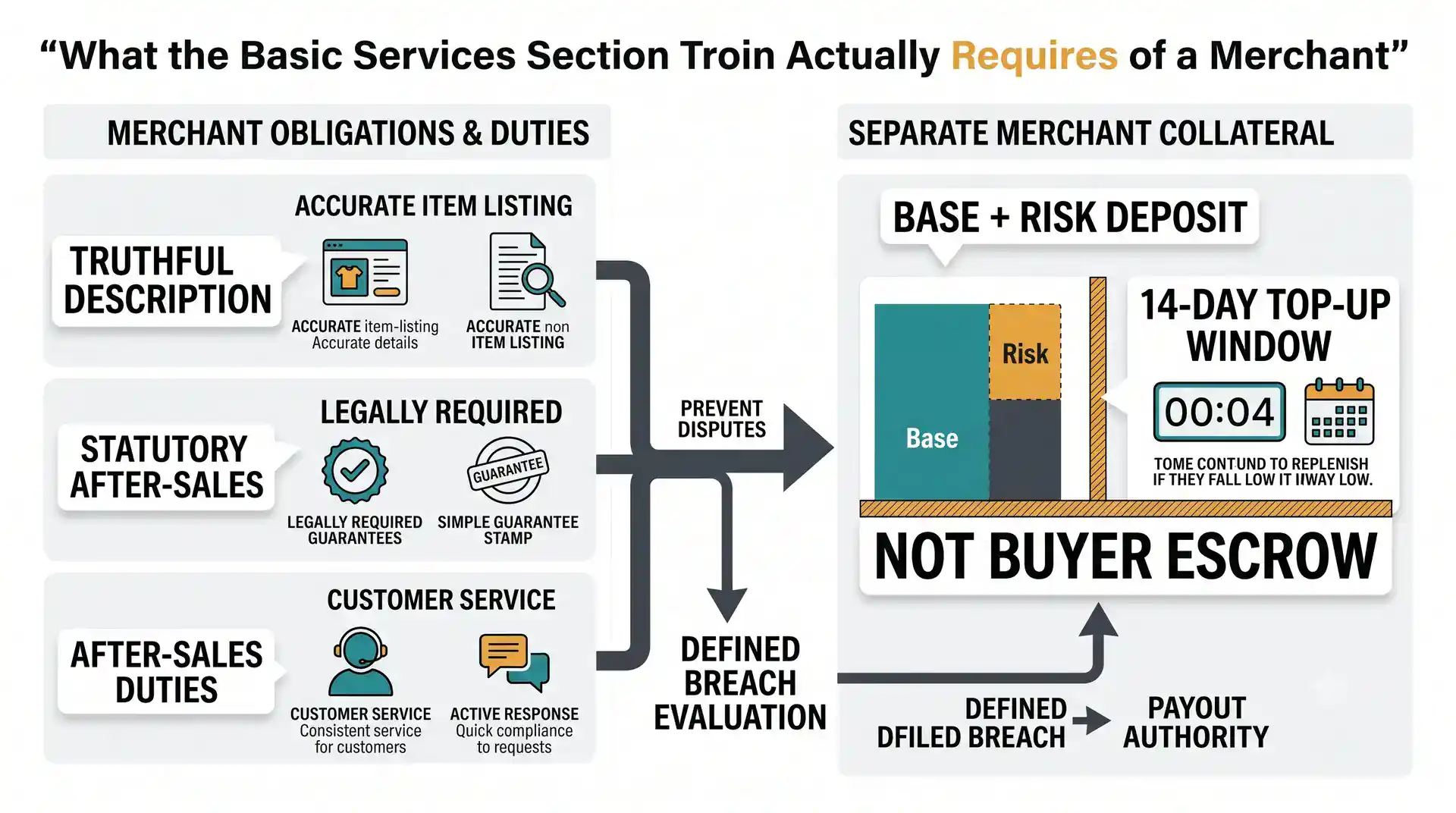 1688 buyer-protection badge diagram showing merchant-side basic services, deposit mechanics, and breaches that trigger payout authority