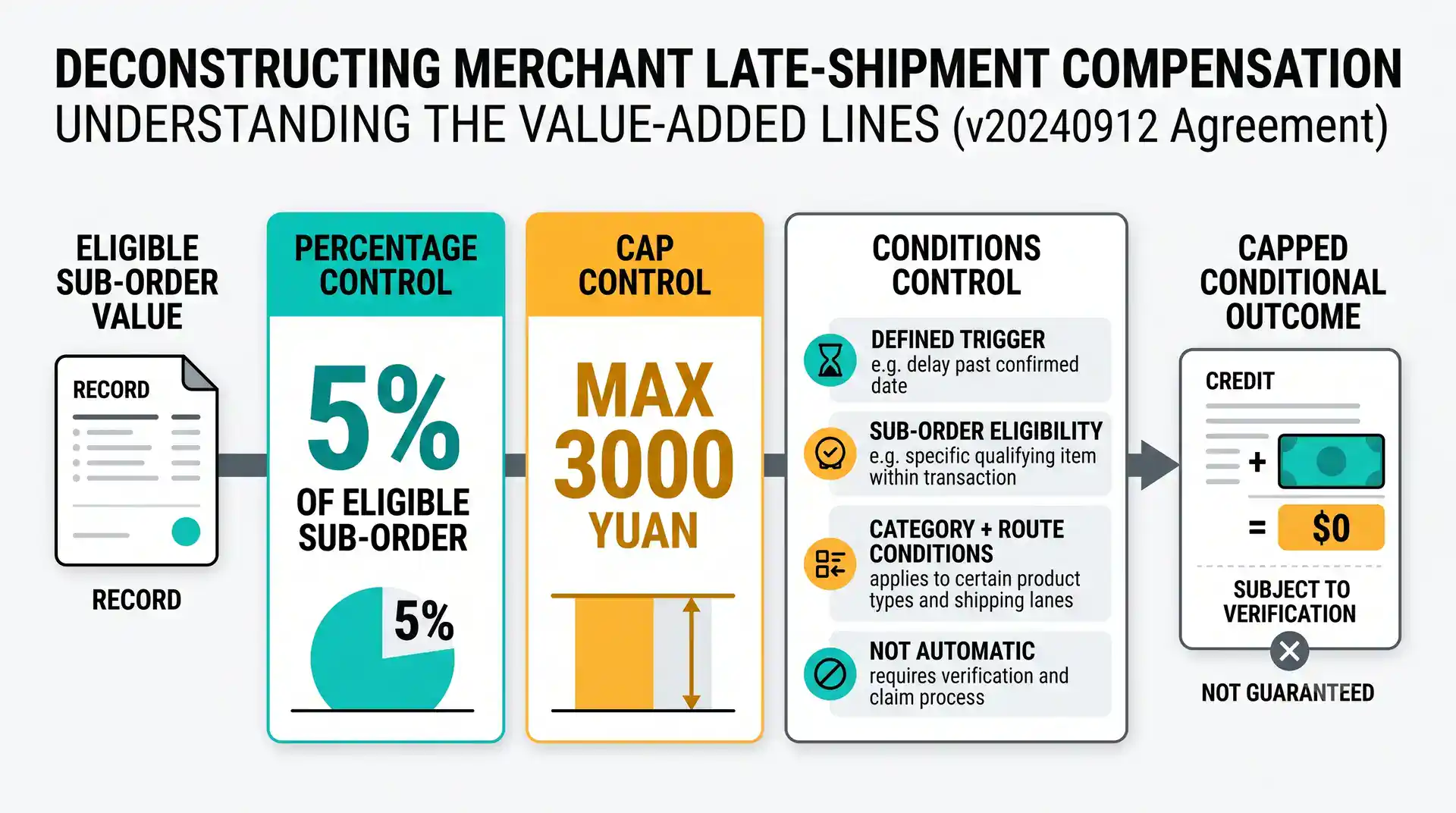 1688 value-added service diagram showing 5 percent late-shipment compensation with capped amount and conditional triggers