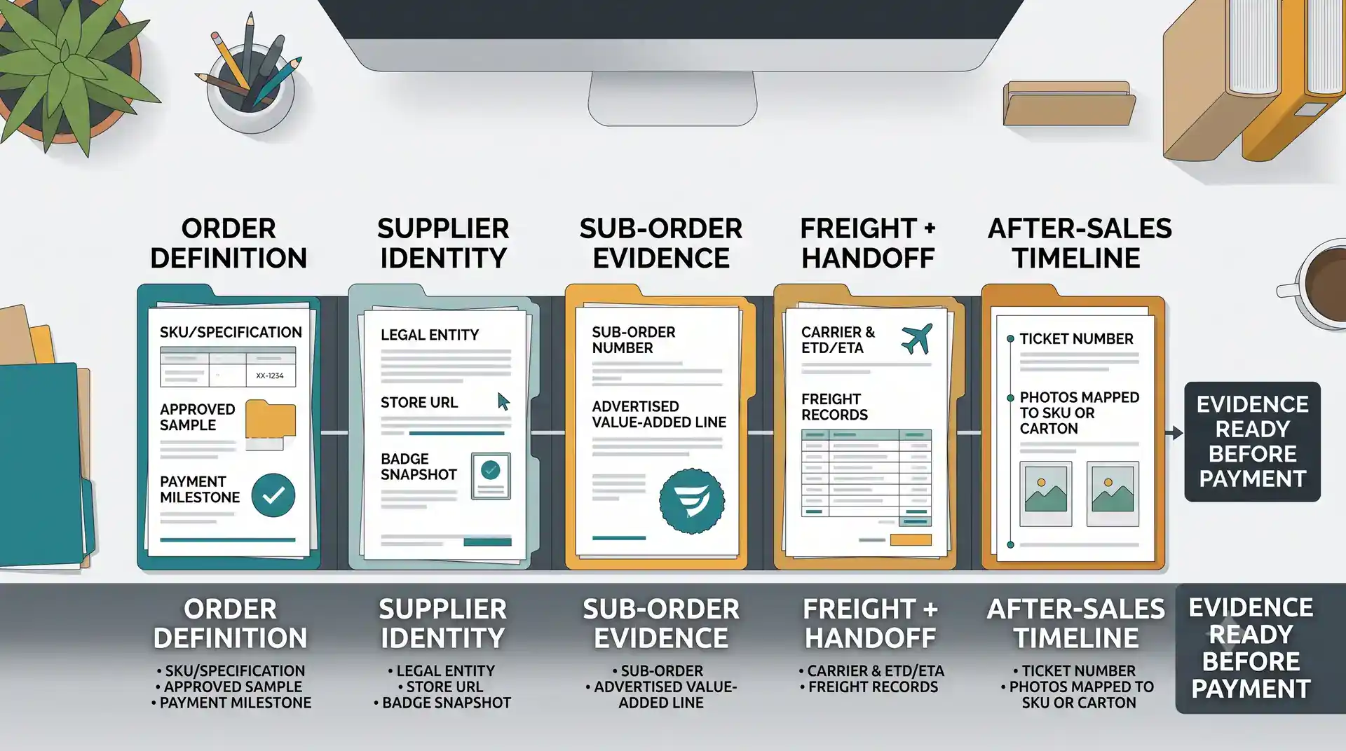 Badge-aware buyer evidence file with order record sub-order evidence supplier identity milestone and after-sales timeline for 1688 sourcing