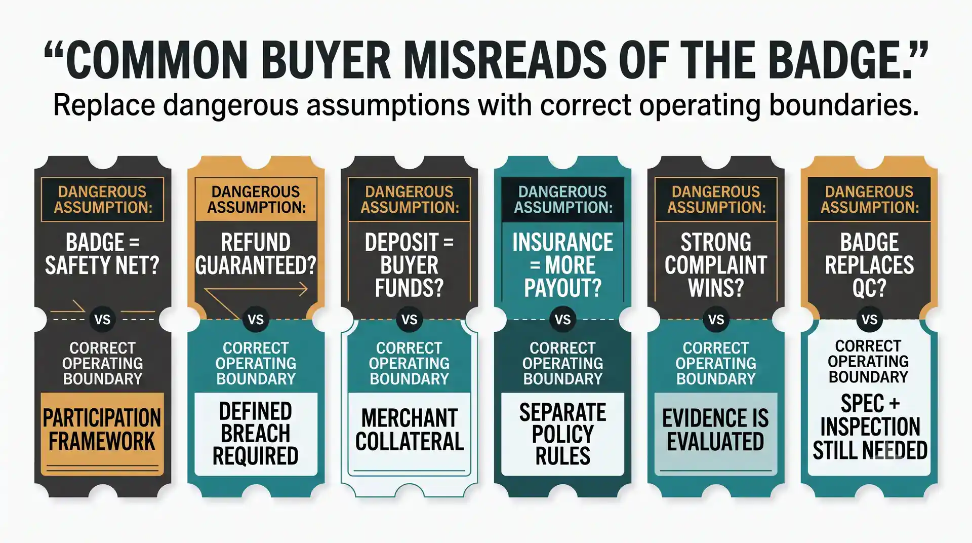Five common misreads of the 1688 buyer-protection badge framed as agreement boundaries rather than safety promises