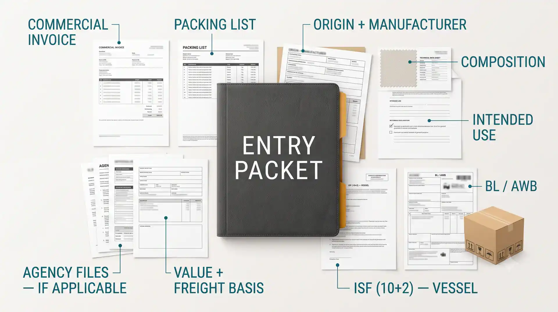China side document packet for US import entry showing commercial invoice packing list origin composition intended use and value