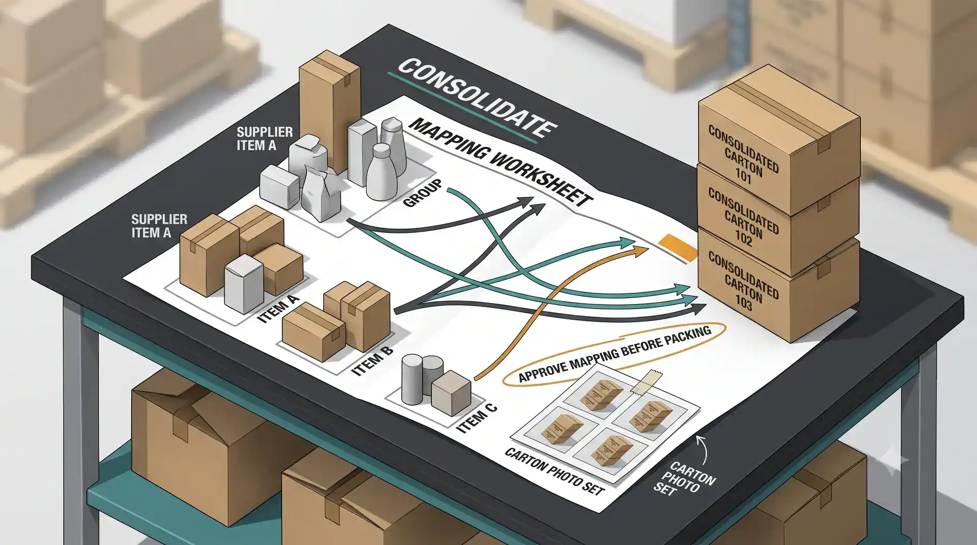 Consolidate step at the China warehouse — supplier SKU mapping worksheet beside a consolidated carton stack photo set