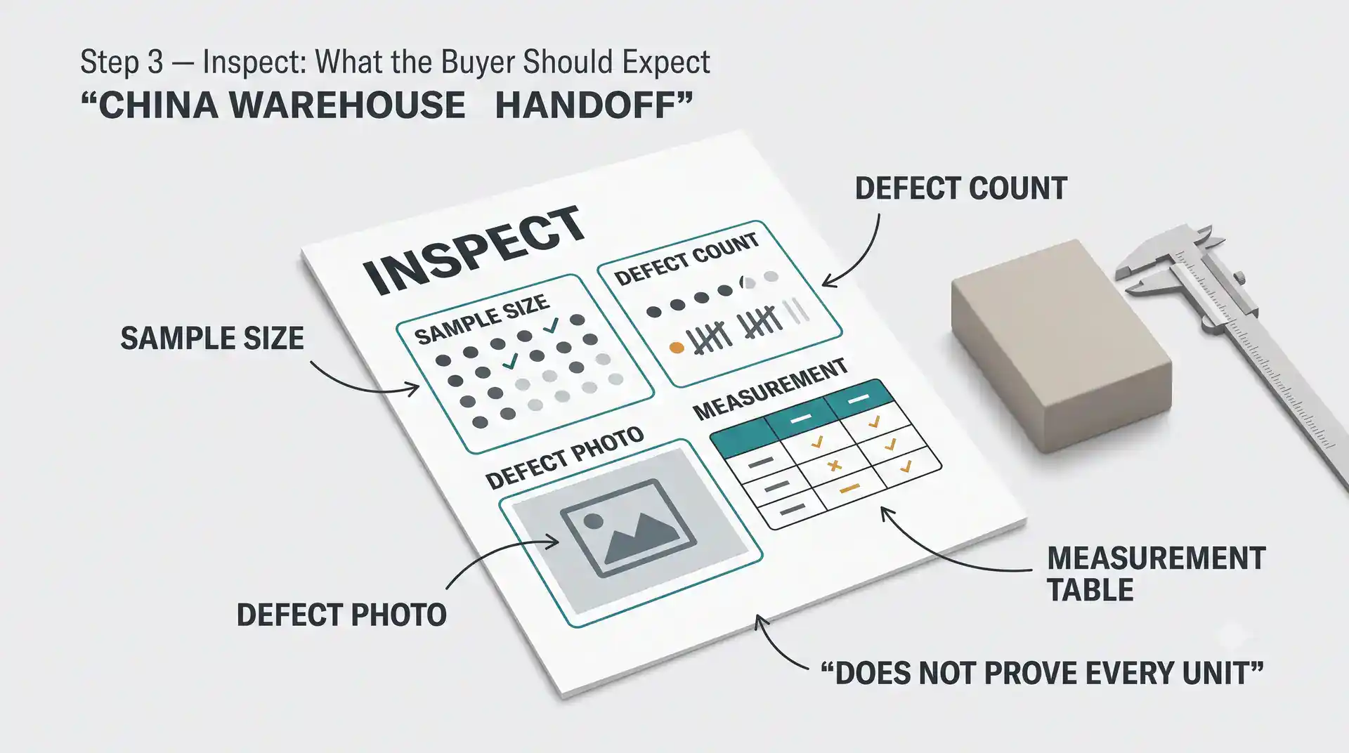 Inspect step at the China warehouse — per-SKU inspection report with sample size, defect counts, photographs, and measurement table