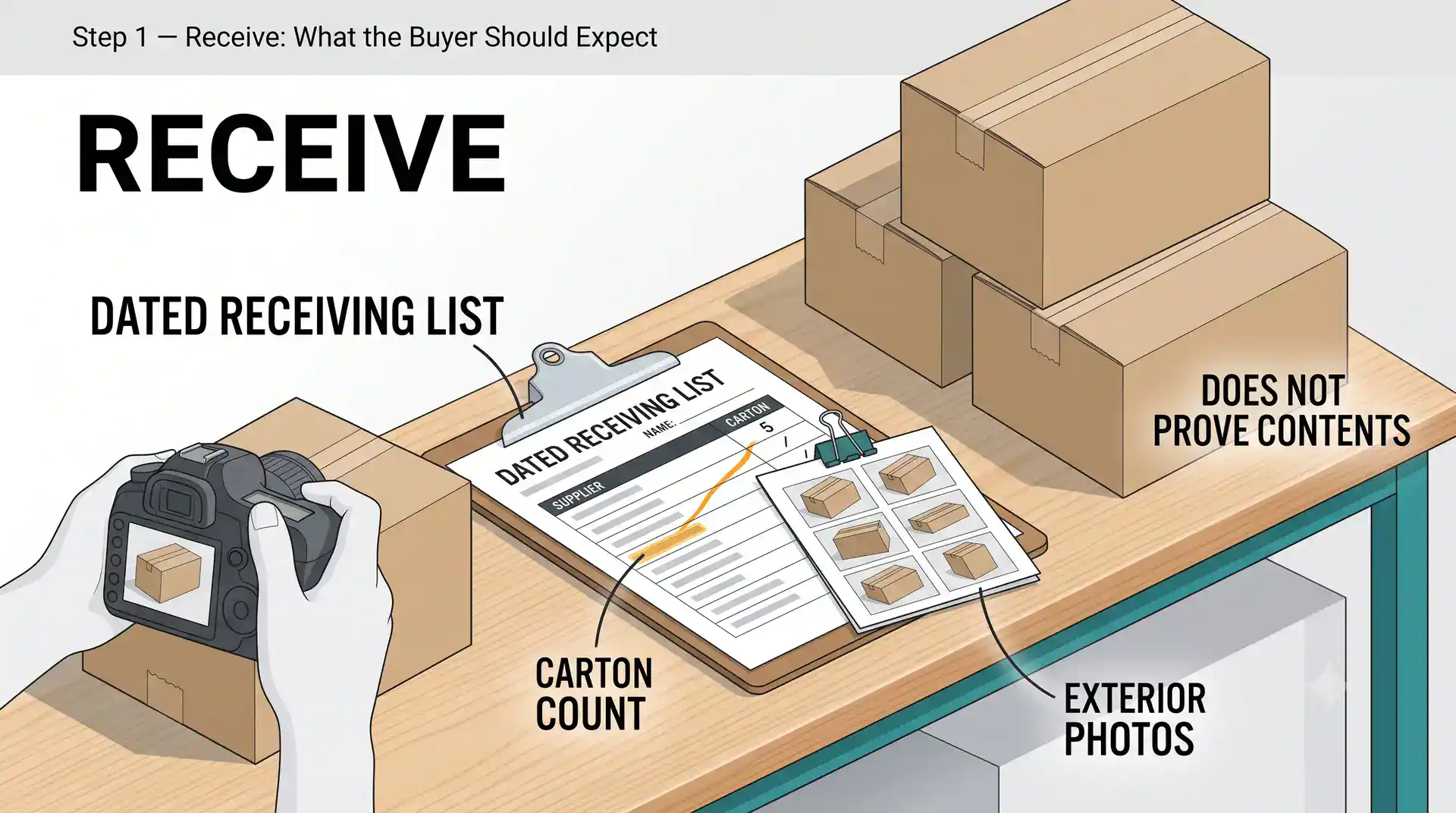 Receive step at the China warehouse — dated receiving list with carton count, supplier marks, and exterior photo set before opening