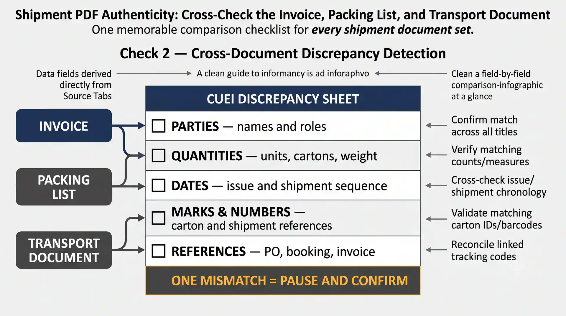 Five cross-document discrepancy fields — parties, quantities, dates, marks and numbers, and references