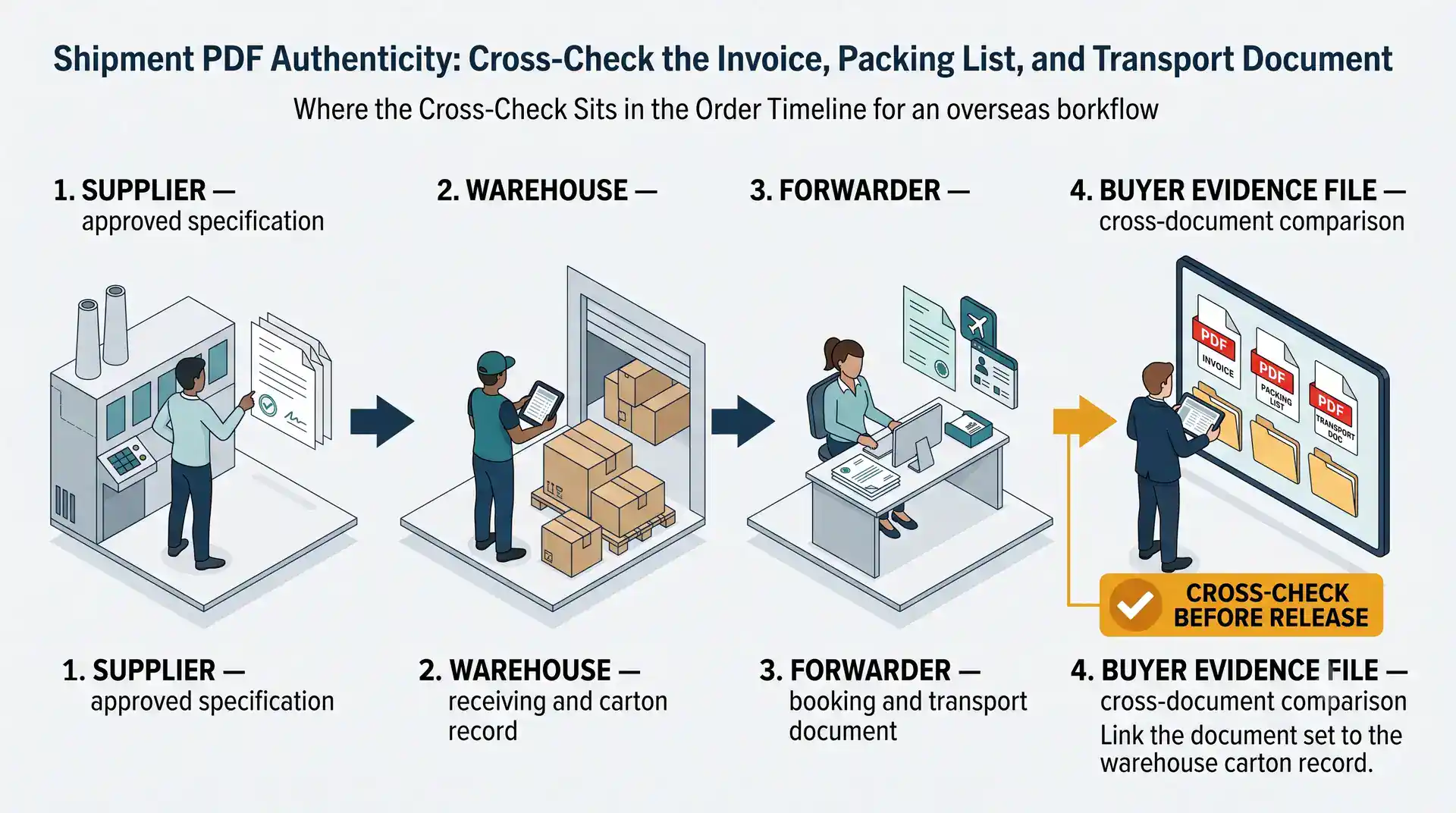 Pre-release cross-check workflow showing supplier, warehouse, forwarder, and buyer-side evidence file