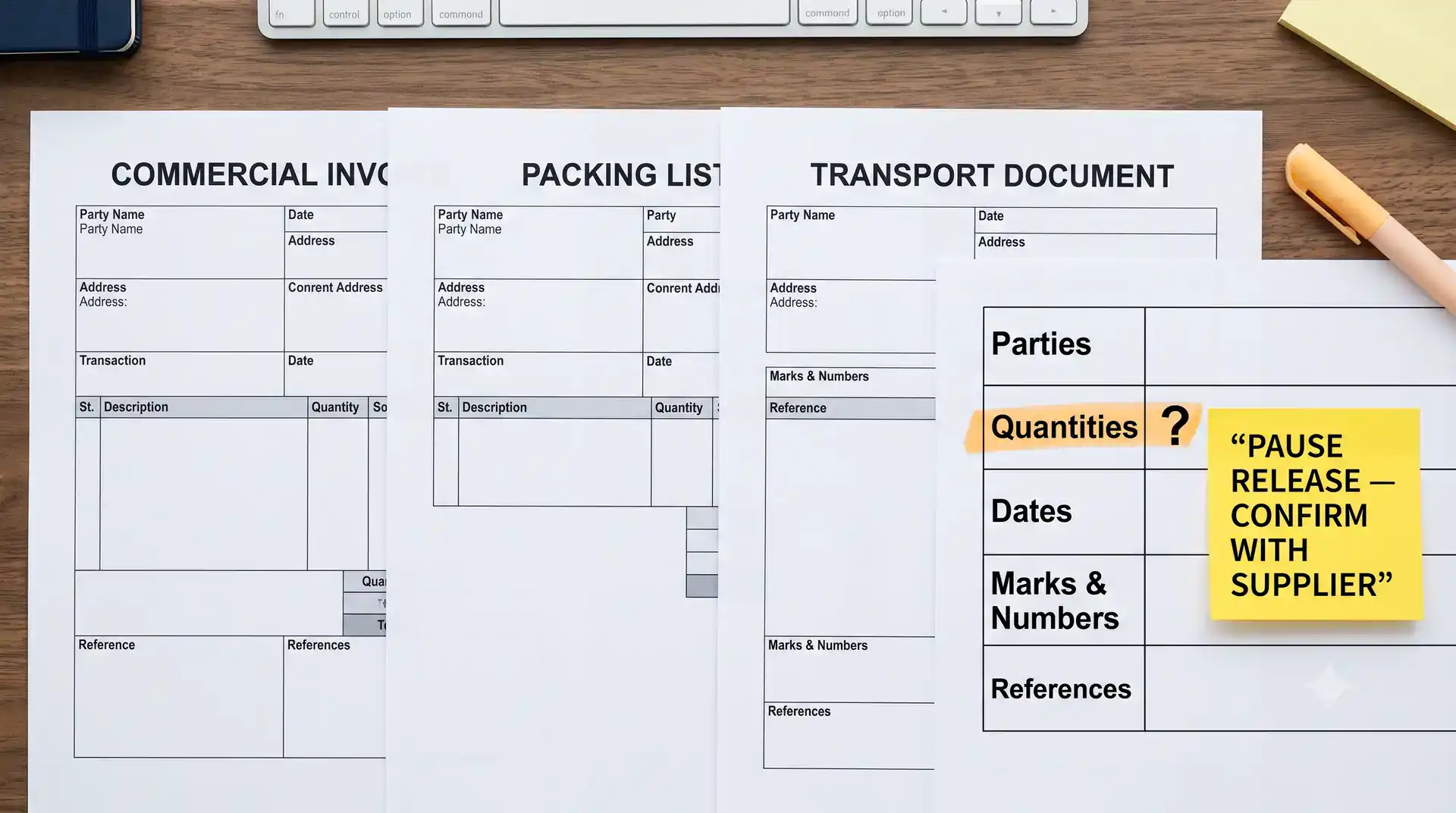 Workbench comparison of a commercial invoice, packing list, and bill of lading with a discrepancy sheet