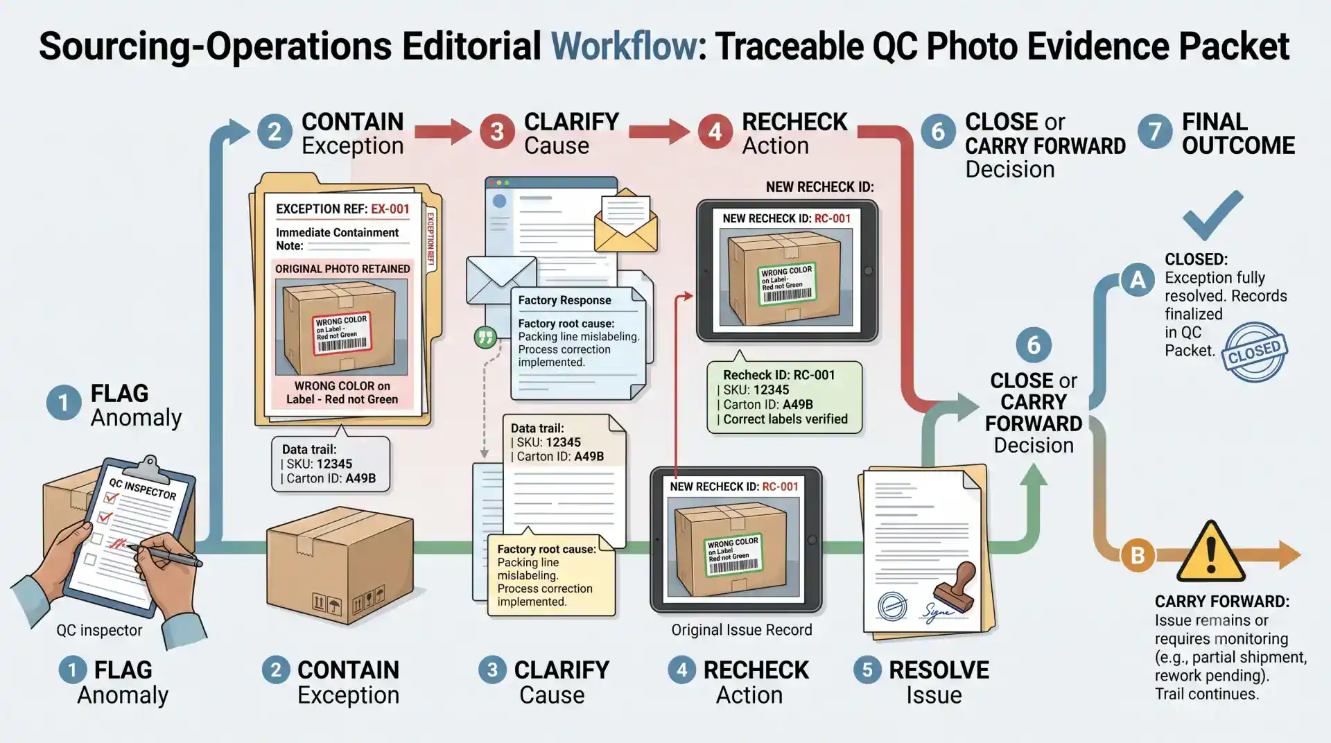 QC exception workflow preserving the photo evidence trail from issue detection through owner action recheck and release