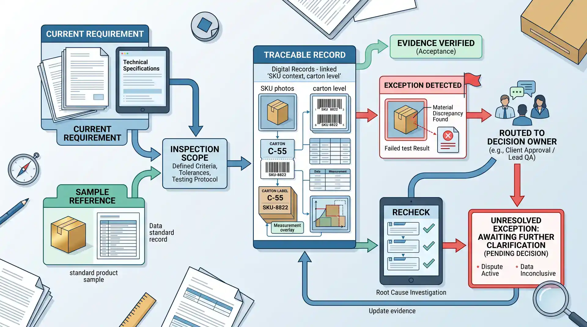 Quality Control Scope and Decision Rights Quality control evidence chain linking requirements samples inspection scope exceptions and decision rights