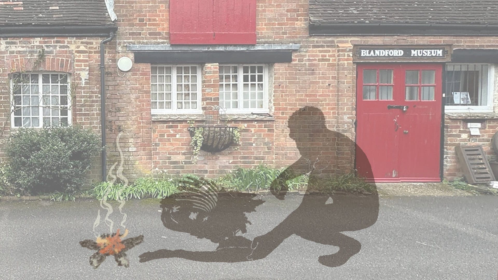 Silhouette of an early human lighting a fire superimposed on a photograph of Blandford Town Museum