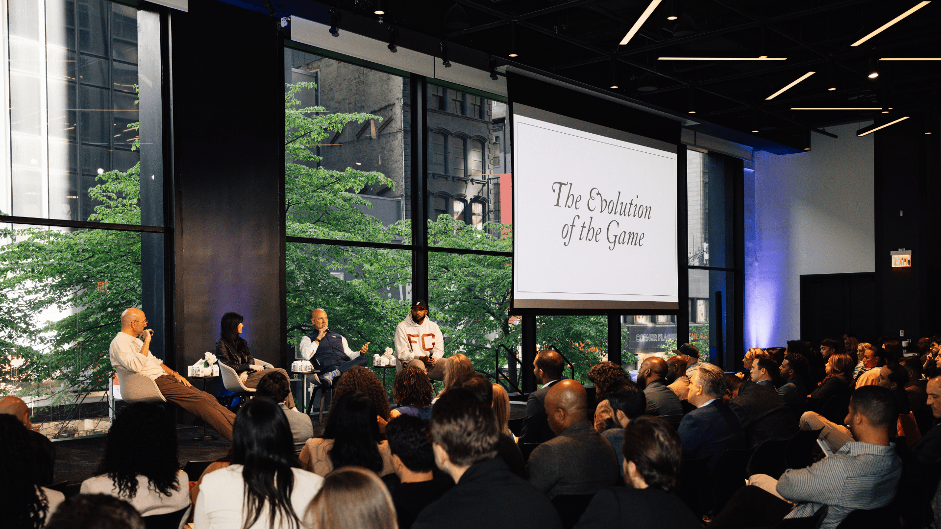 Rich Kleiman, Uzma Rawn Dowler, Noah Garden, and CC Sabathia on stage at the Boardroom Members Club conference. / Photos by Dominique Oliveto