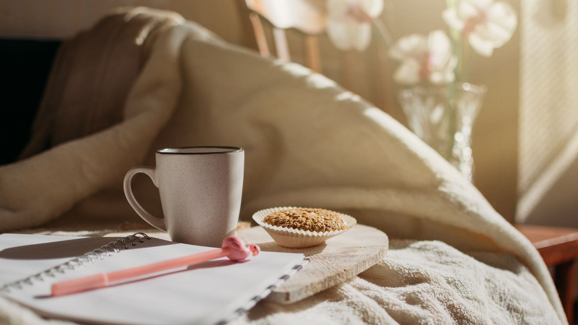 Coffee, note pad, and breakfast cookies