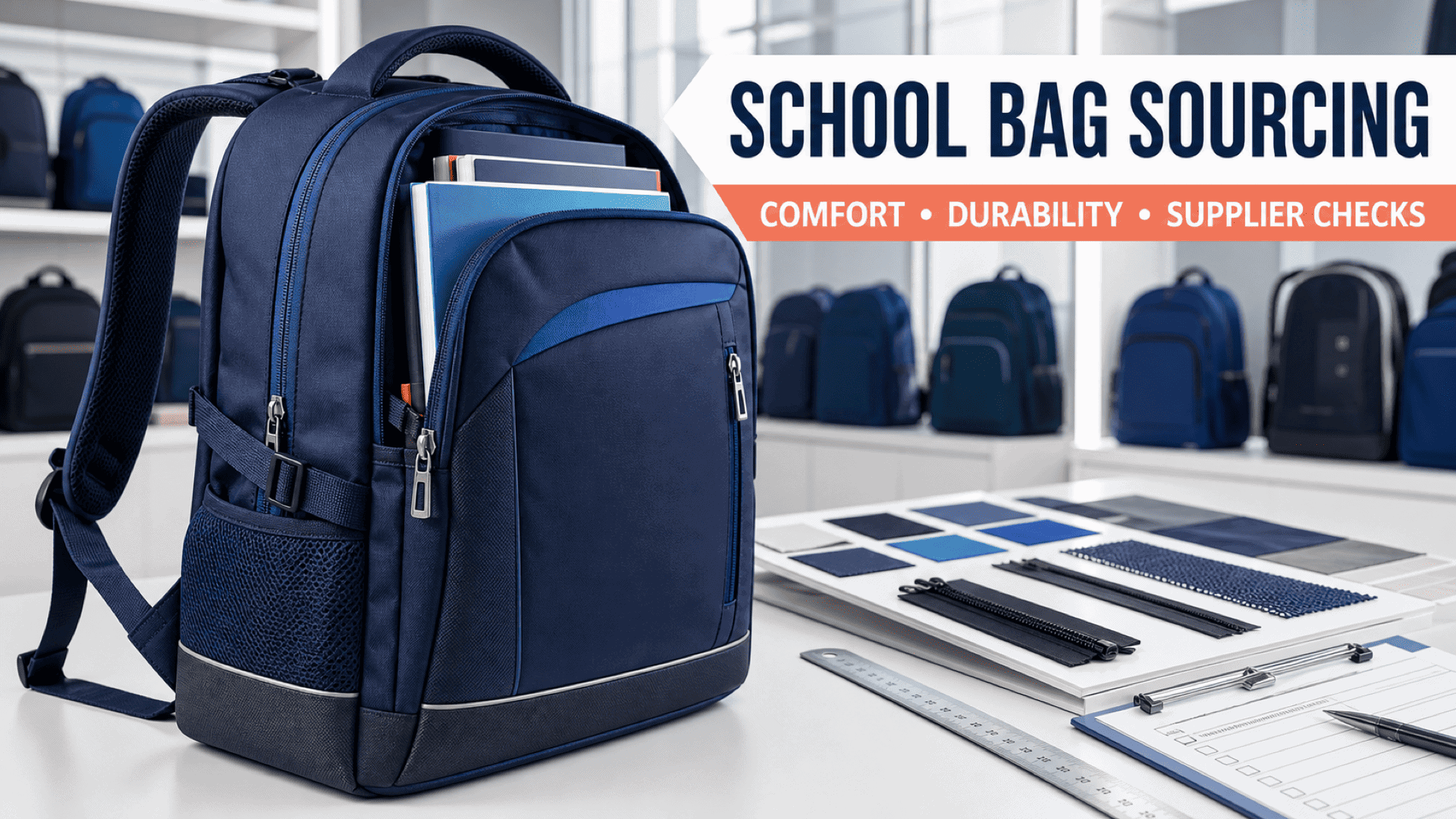 School bag manufacturer sourcing in China with backpack construction, fabric, zipper and quality inspection samples