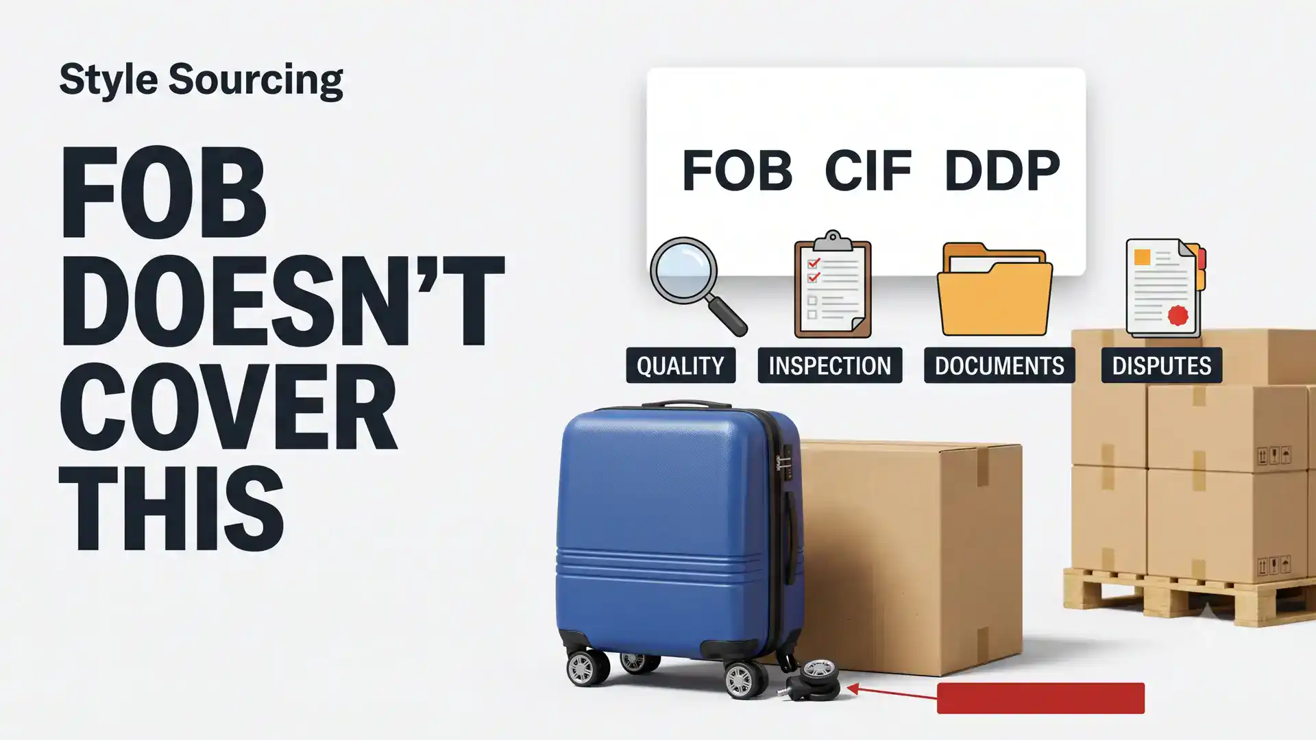 Featured cover showing a broken blue suitcase beside a completed FOB CIF DDP freight term and unresolved quality inspection document and dispute controls