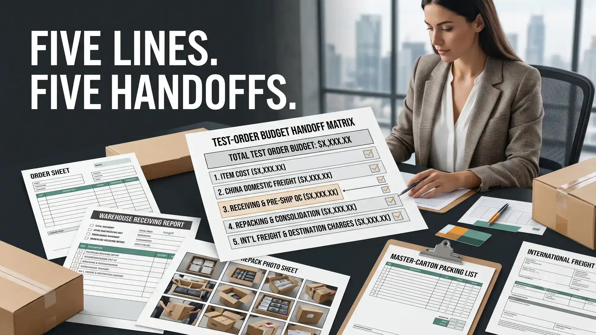 Five cost lines of a 1688 test order with handoff points between supplier warehouse and freight forwarder on a desk
