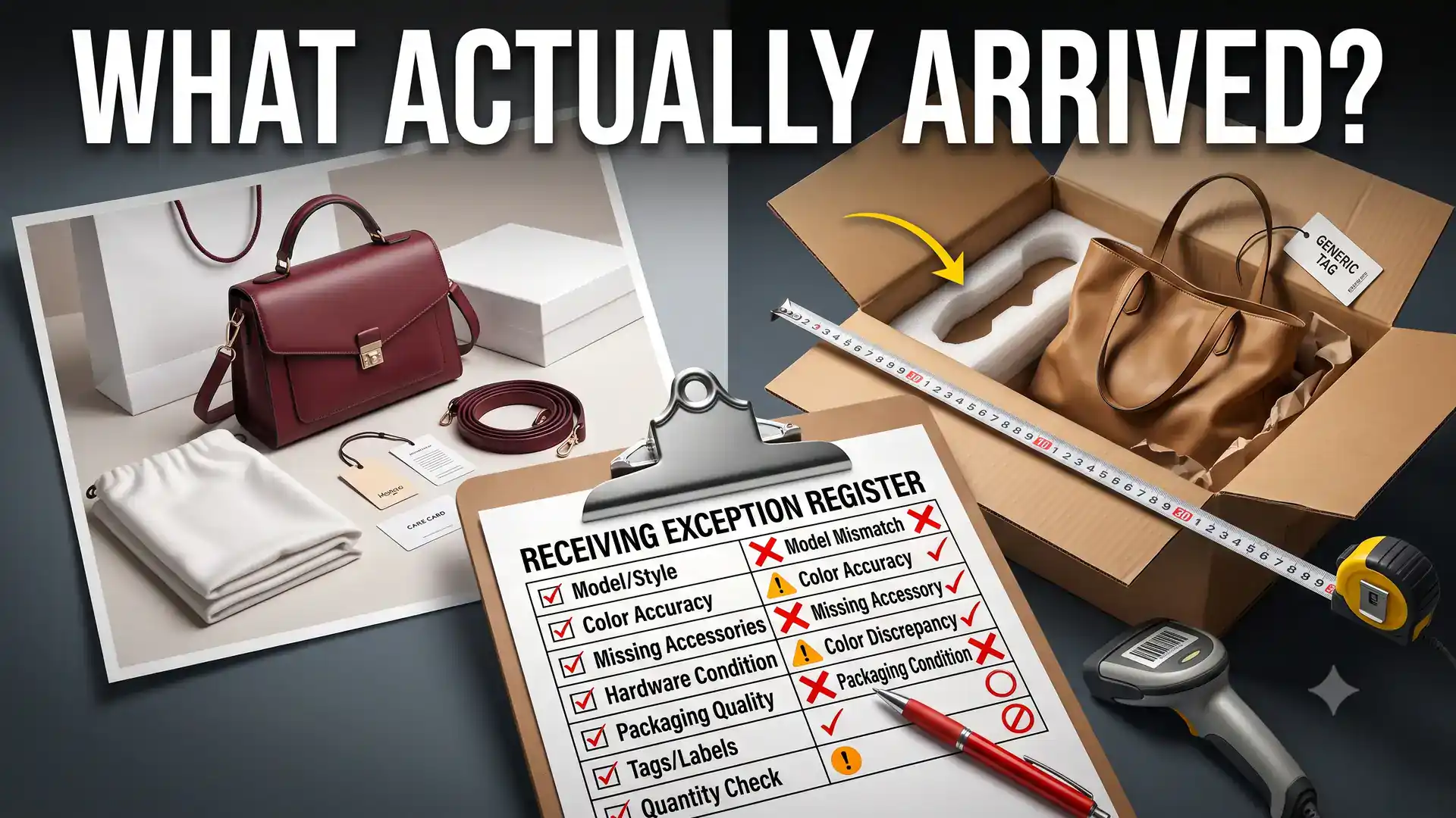 Bao66 bag receiving exception checklist comparing listing promises with warehouse-side bag, accessory, packaging, and stock discrepancies