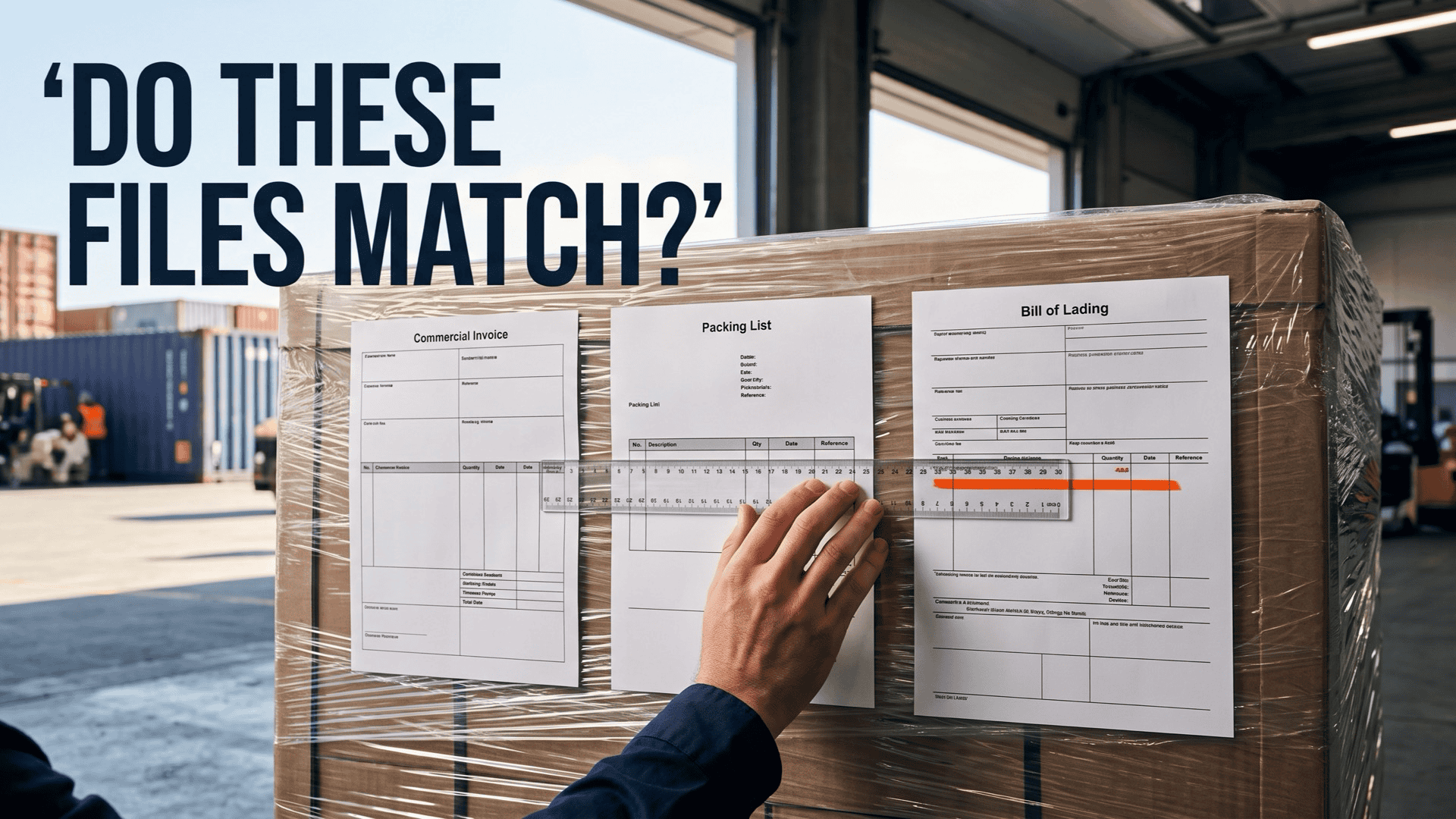 Three shipment documents checked against a pallet before cargo release