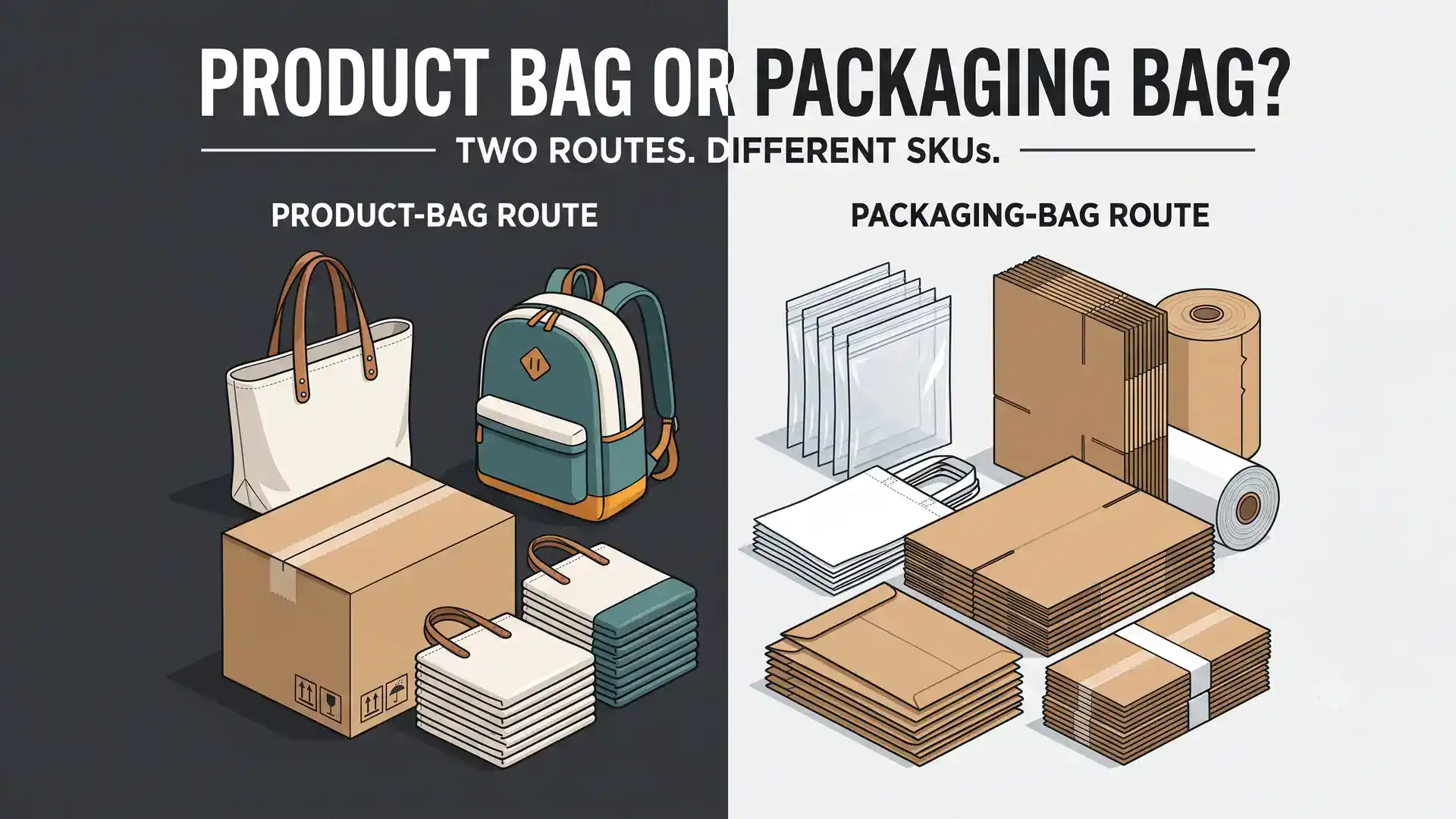 Yiwugo dual-route comparison — product-bag route (finished tote, backpack, cosmetic pouch) vs packaging-bag route (blank non-woven, PE pouch, kraft mailer)