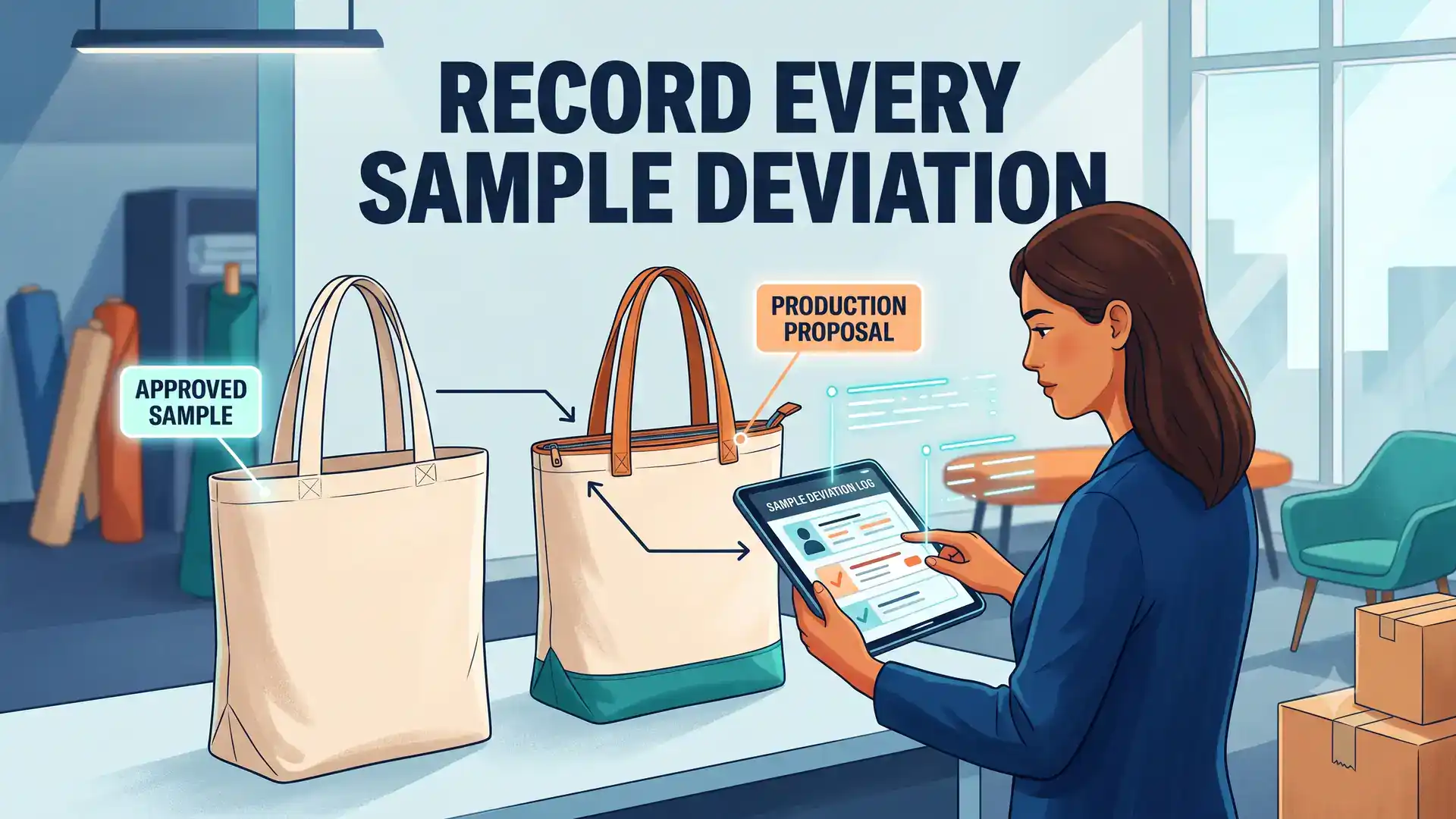 Buyer reviewing a supplier sample deviation log before production release