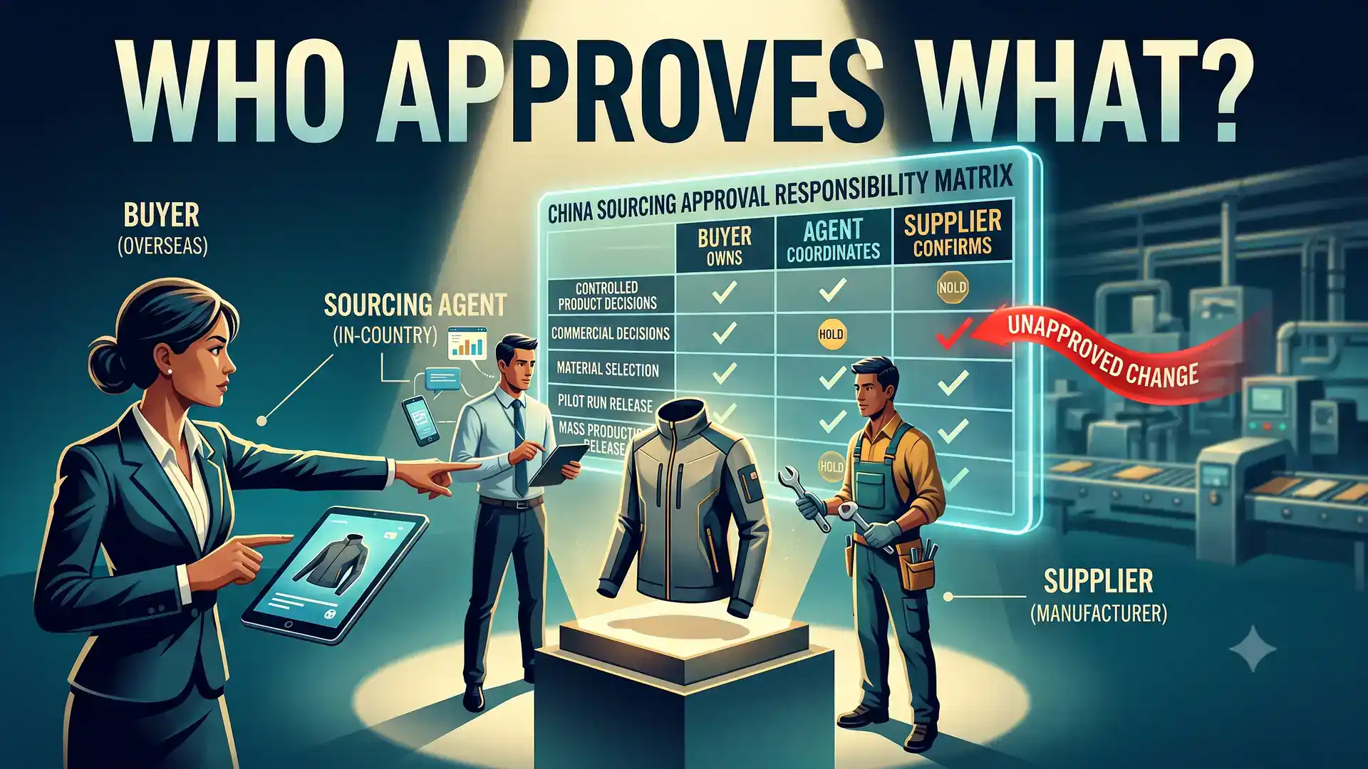 China sourcing approval responsibility matrix showing buyer, agent, and supplier approval flow around a China order