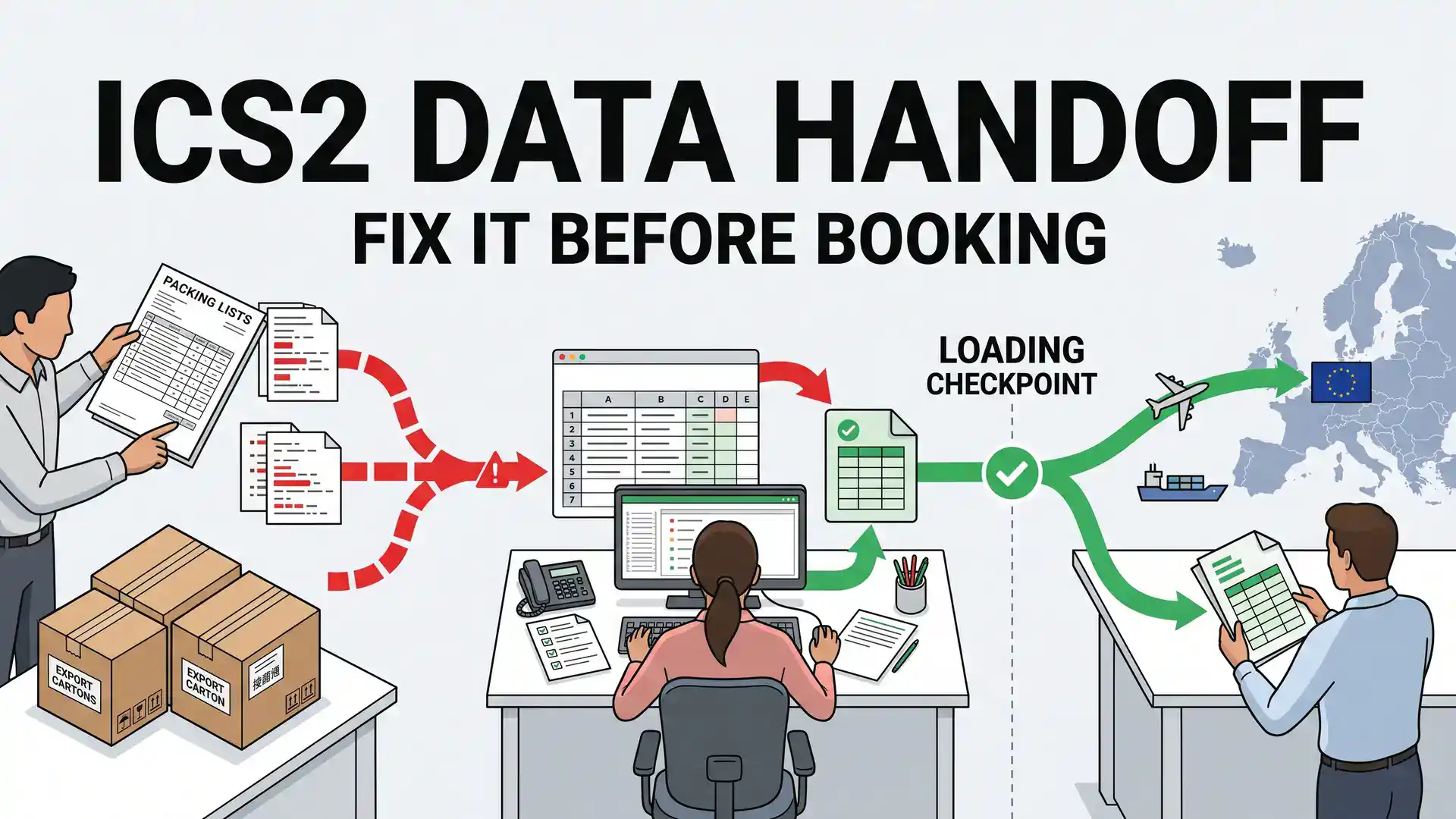 ICS2 ENS data handoff from China supplier reconciliation to forwarder before booking