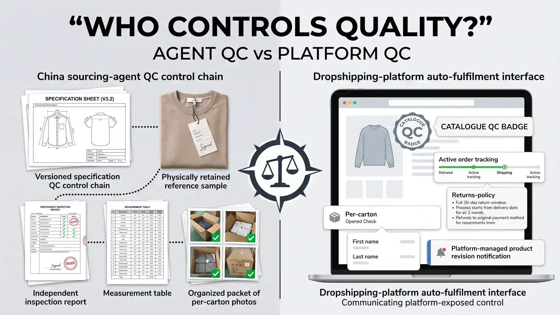 Sourcing agent QC versus dropshipping platform control checklist for bulk orders