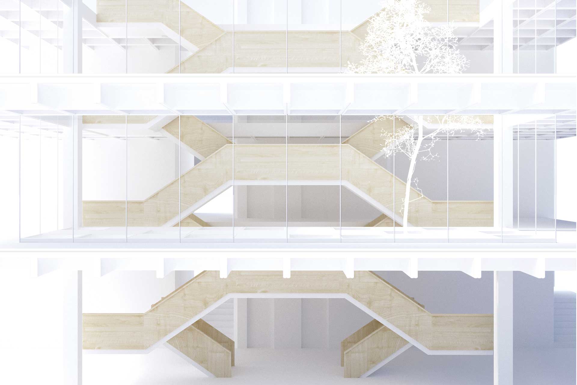 Ansicht Treppensequenz, Entwurf Rathaus Laupheim