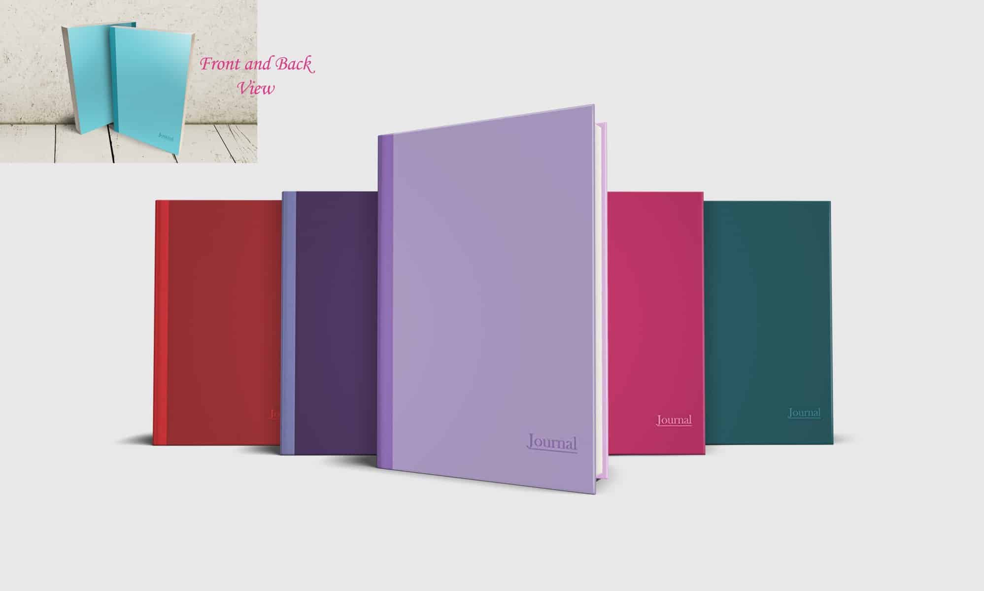 Two-Tone Journals1 cropped with front back view Five journals in a variety of colors: purple, pink, red, green and blue. Each cover is in two tones of the same solid color.