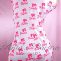 Super Stretchy unisex Spandex 4 way stretch Romper sz Plus Dolly Pink and White Print Teddy onesie with mushroom gusset