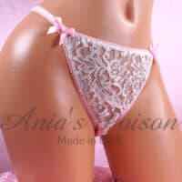 Ania's Sissy women's string Bikini All Lace Duchess Cut shiny metallic white pink panties sz 6